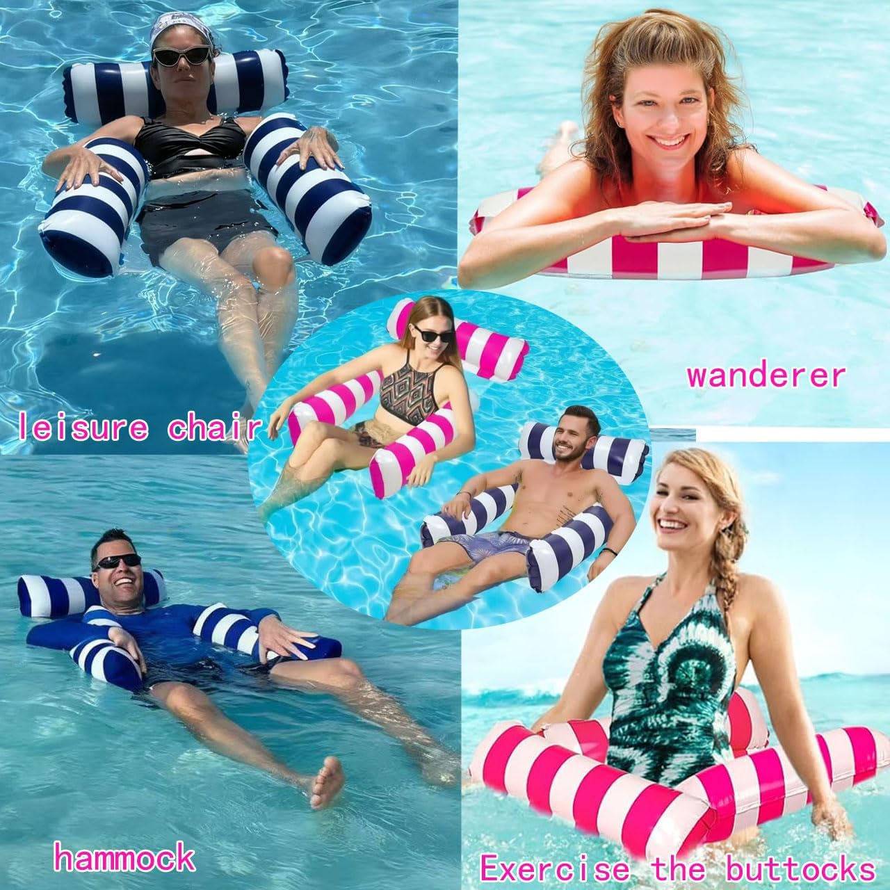 2 Pack Swimming Pool Inflatable Pool Floats Portable Floating Chair Bed for Travel 4-in-1 Pool Hammock with Bottom Mesh 3 Tubes Inflatable Hammock for Adults,