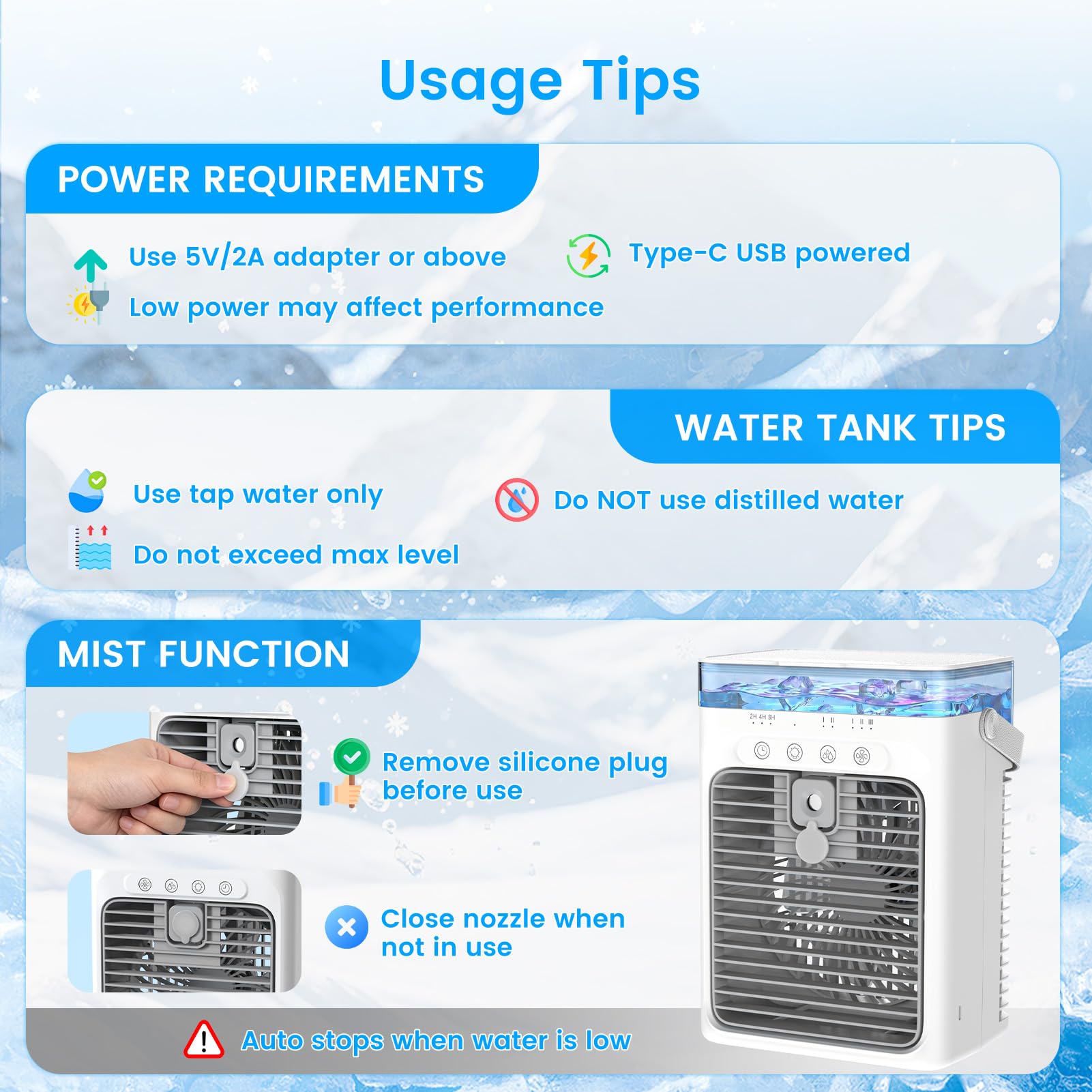 Tragbare Klimaanlagen, 4 in 1 Mini AC Klimaanlage mit 1000 ml Wassertank, 3 Geschwindigkeiten, 2 Nebelmodi, 2/4/8H Timer, Umgebungslicht, USB Verdunstungsluftkühler, Kühlventilator für Camping, Zimmer