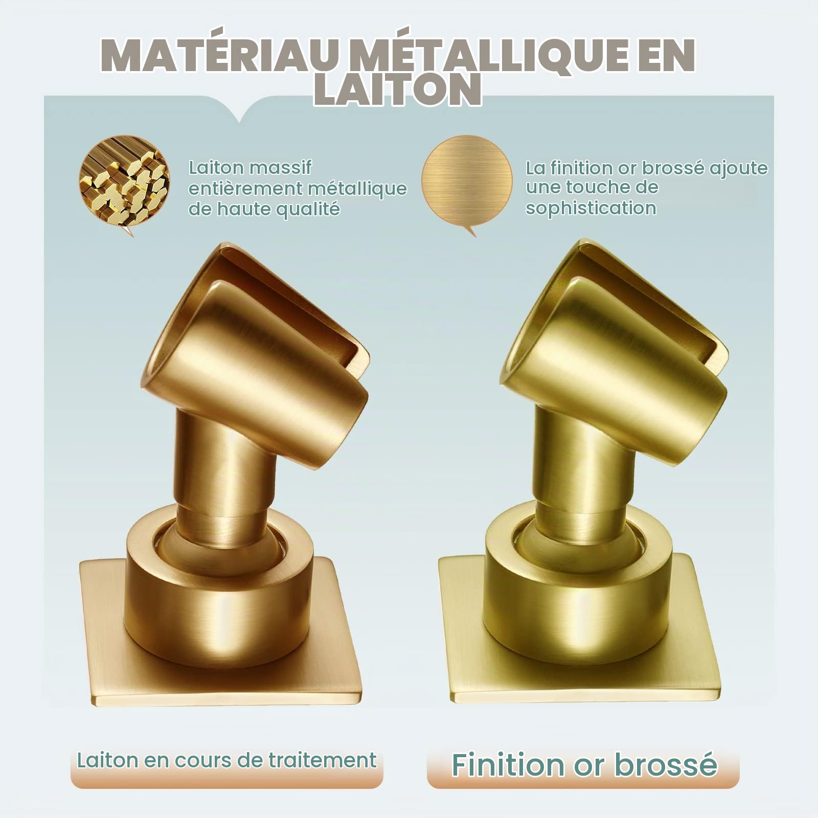 Support de pommeau de douche réglable - Laiton brossé/finition dorée - Installation sans perçage