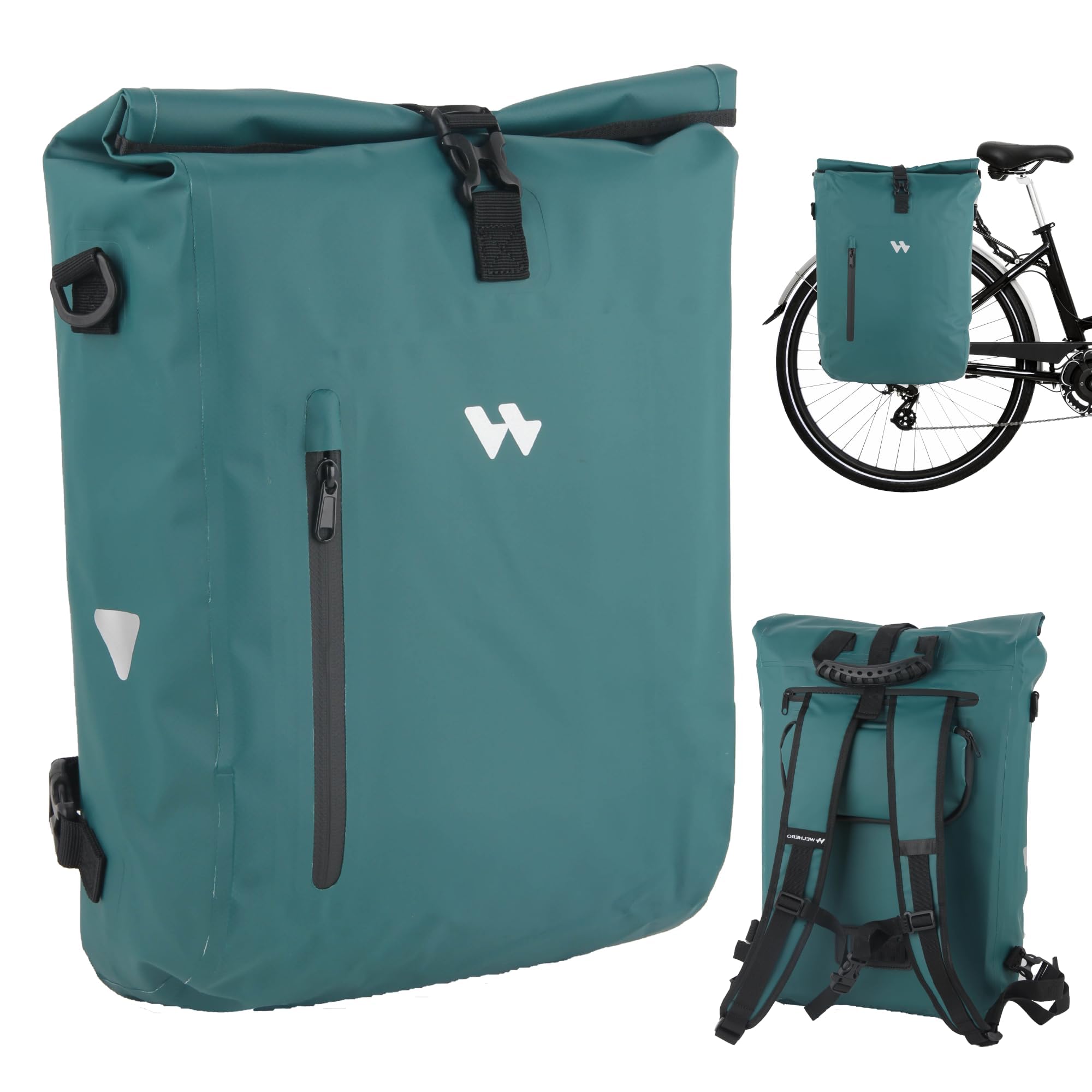 Welhero 3in1 Fahrradtasche für Gepäckträger 20-25L - Geeignet als Gepäckträgertasche, Rucksack und Umhängetasche - 100% Wasserdicht & Reflektierend - Fahrradtasche Hinten