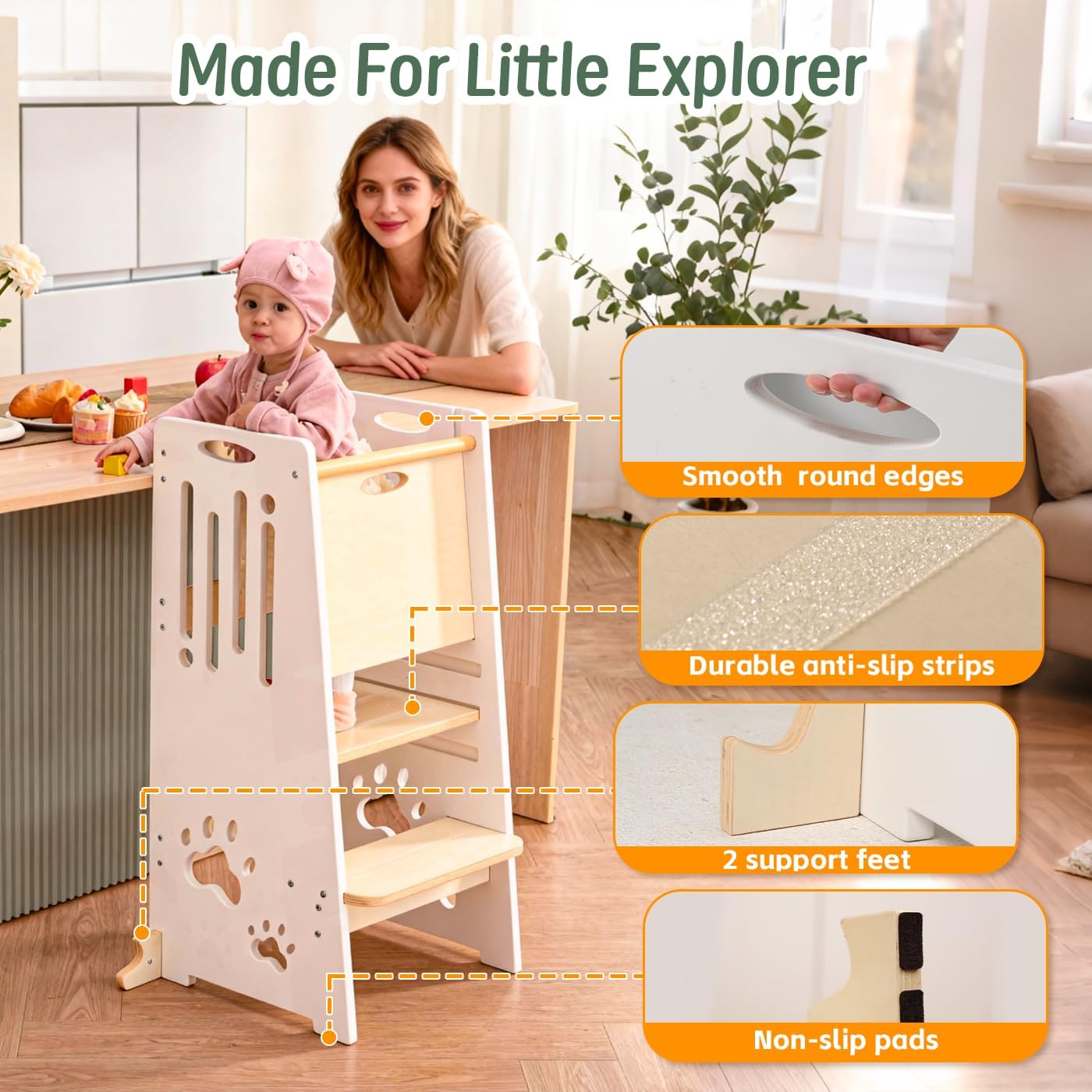 Toddler Tower,Height-Adjustable Step Stool with Sliding Safety Door,Easy to Adjust Height,Suitable for Kids from 18 Months to 5 Years Old,Anti-tilt Kitchen Step Stool with Safety Feet-White