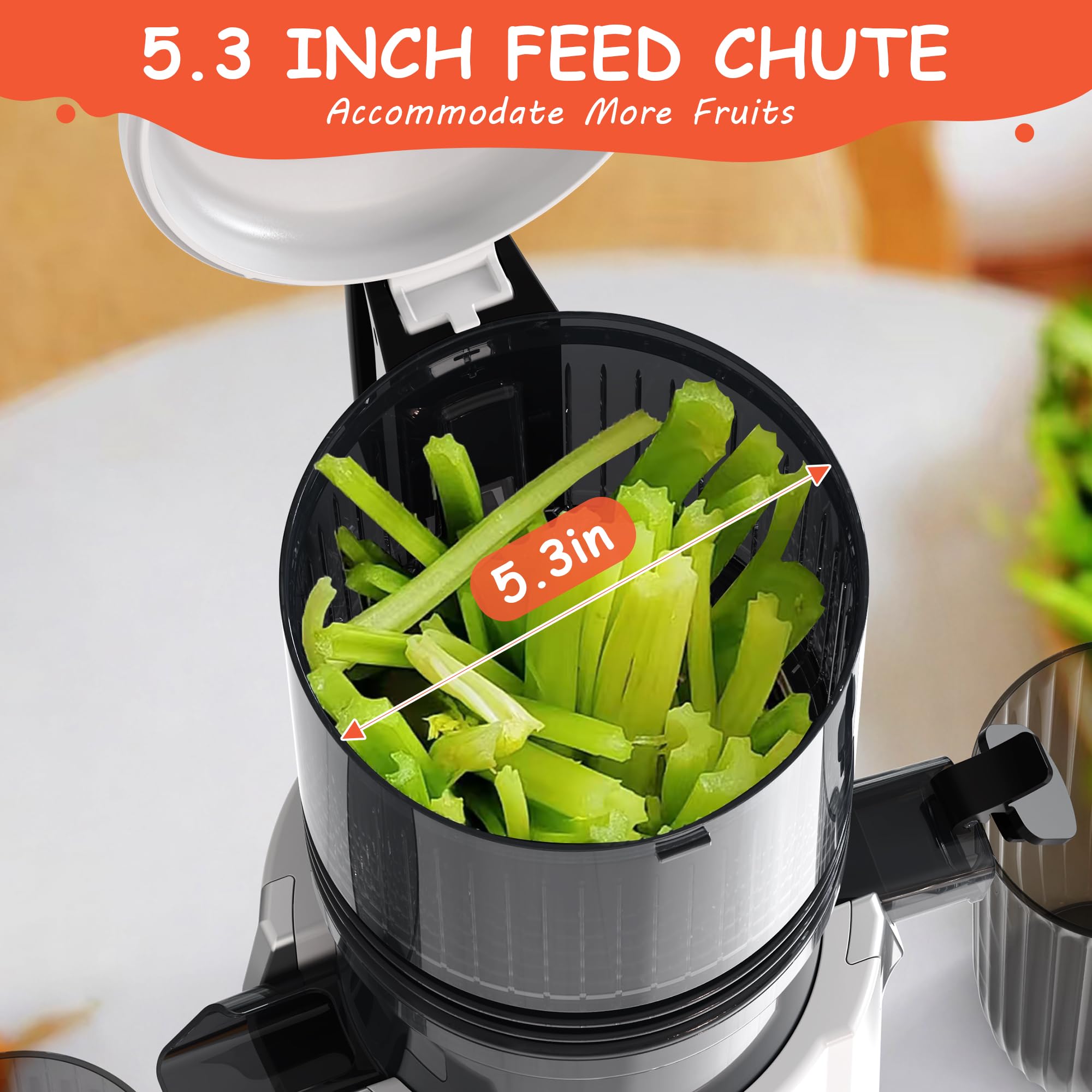 Hobsir Juicer Machines, 5.3-Inch Cold Press Juicers, Masticating Slow Juicer Machines with 300W, Large Feed Chute Juice Machines for Vegetables and Fruits, Easy to Clean Juicers, White