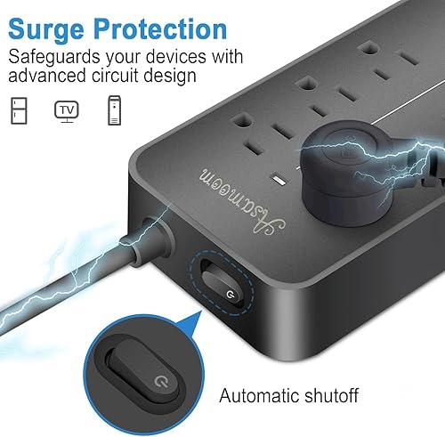 Miniatura 3 de Cable de extensión con protector de sobretensiones de 20 pies con USB C negro, regleta de alimentación de enchufe plano Asamoom con cable largo, 8