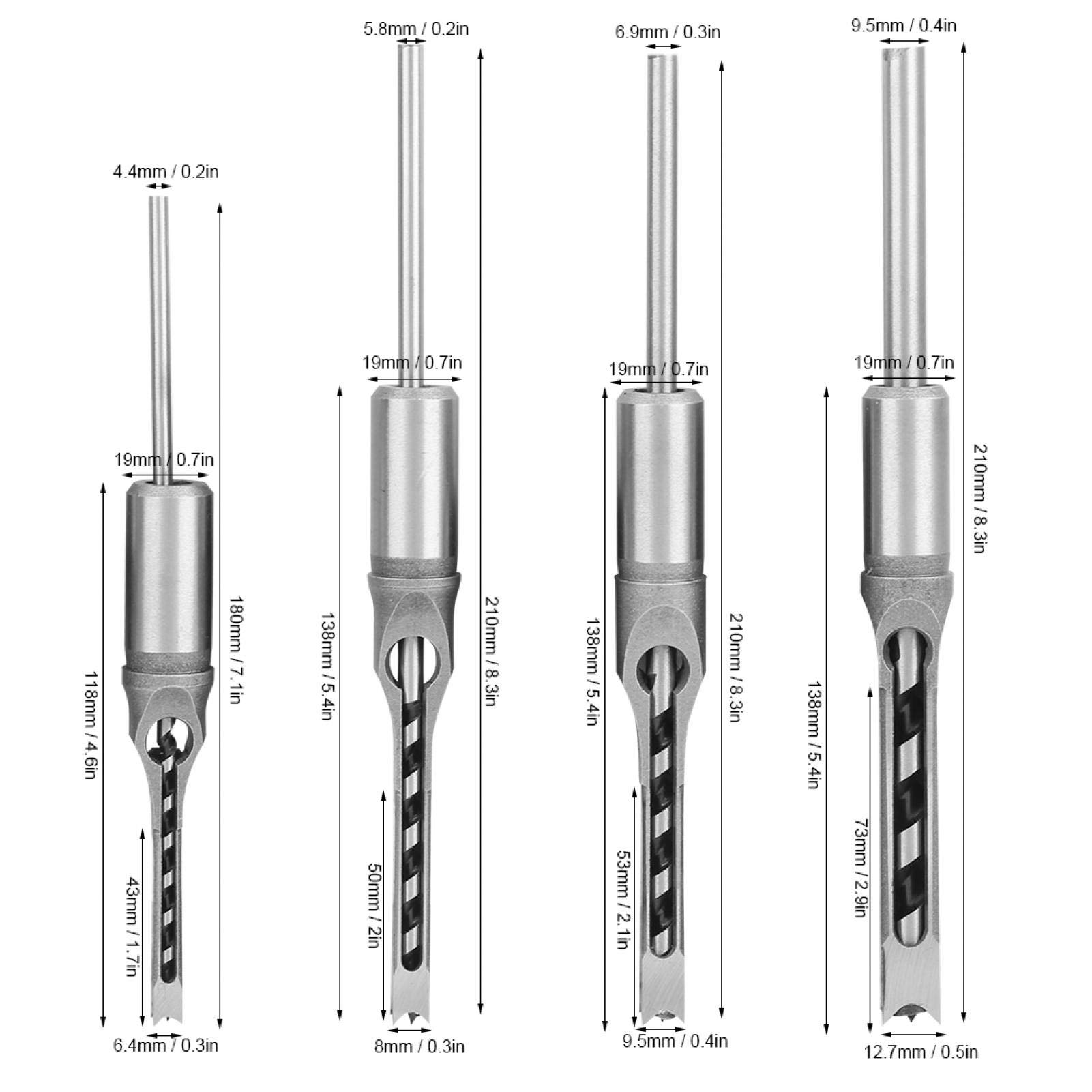 4 piezas de brocas de agujero cuadrado, 1/4 "5/16" 3/8 "1/2" rodamiento de acero para carpintería sierra de taladro juego de herramientas de broca de cincel para mortajar