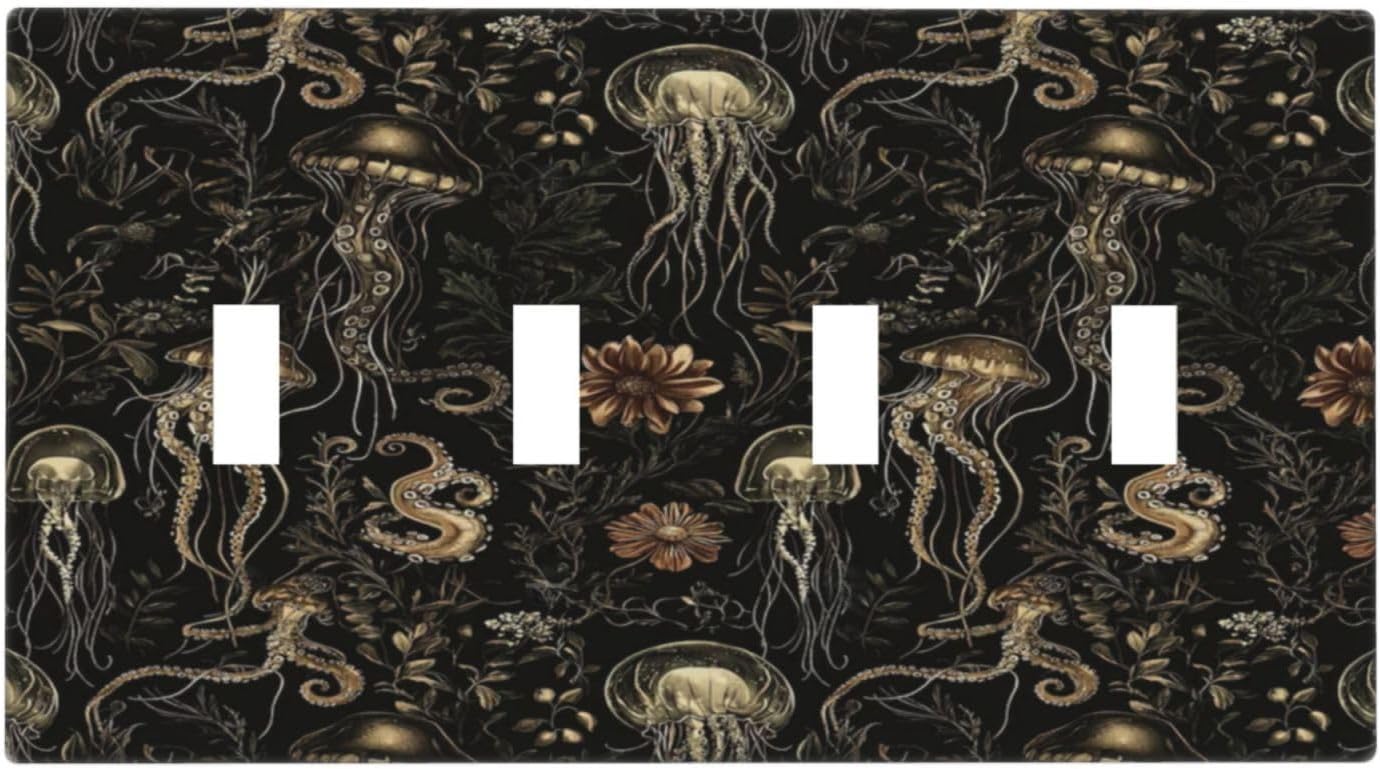 Decorative Switch Plate Covers Black Gold Jellyfish Squid Deep Sea Creatures 4 Gang Light Switch Cover Plate Quad Toggle Wall Plate Outlet Covers for Bedroom Home Decor