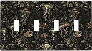 Decorative Switch Plate Covers Black Gold Jellyfish Squid Deep Sea Creatures 4 Gang Light Switch Cover Plate Quad Toggle Wall Plate Outlet Covers for Bedroom Home Decor