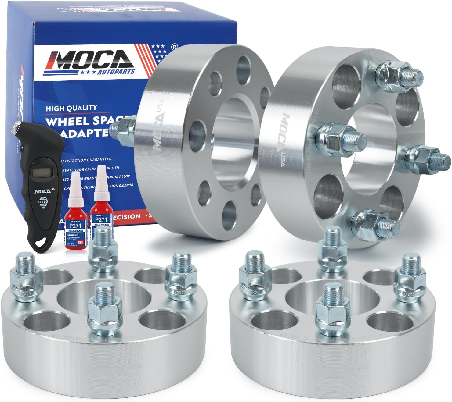 MOCA 38.1mm 4x101.6 Hubcentric Wheel Spacers (62mm Bore) - 1/2" x20 Studs Fit for EZGO Club Car & for Free Tire Pressure Gauge (Silver, Pack of 4)