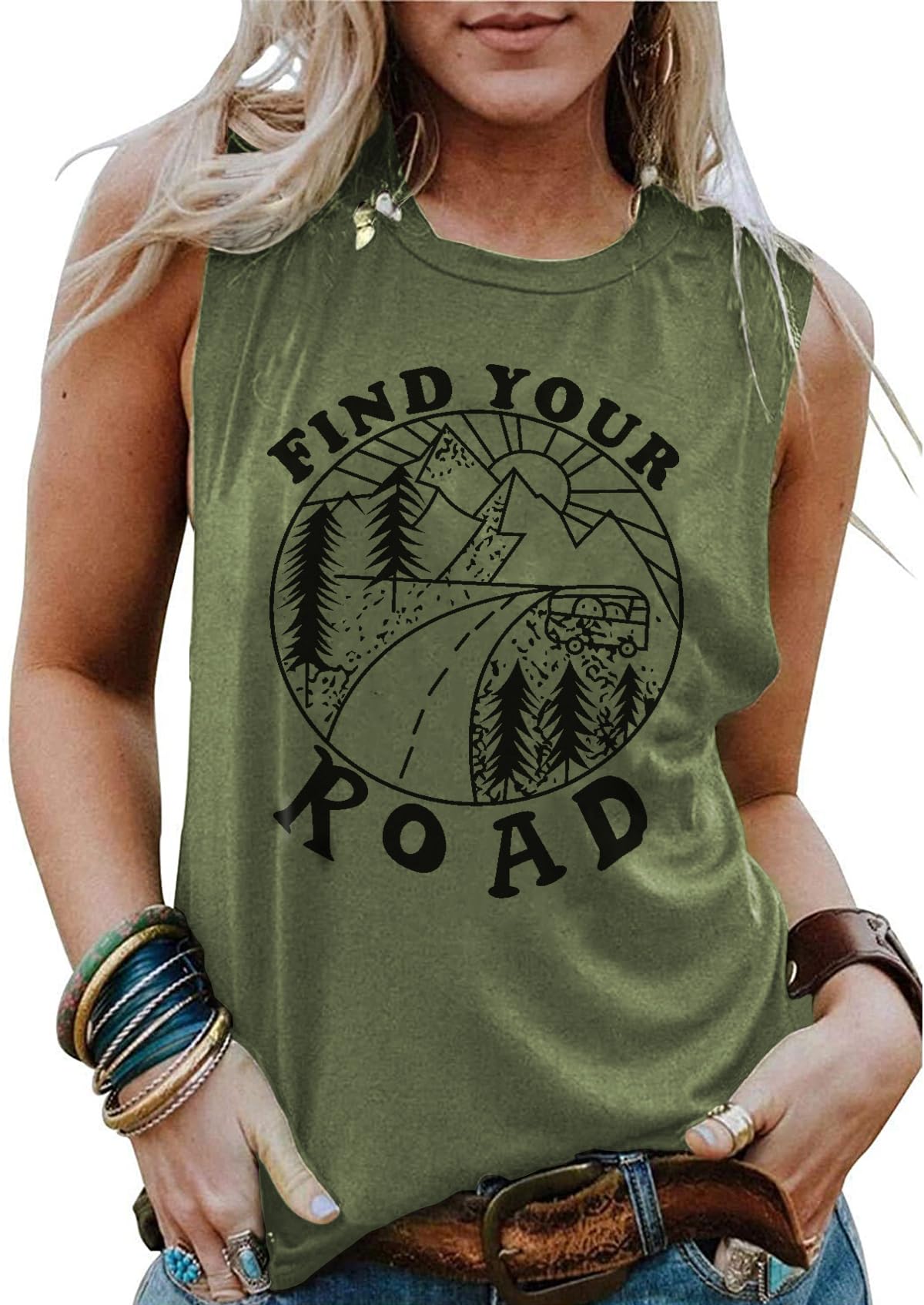 Cuptacc Top Damen Sommer Rundhals Locker Find Your Road Grafikdruck Tops Atmungsaktiv Freizeit Ärmellose Tshirt Damen Armeegrün Mittel M 38-40