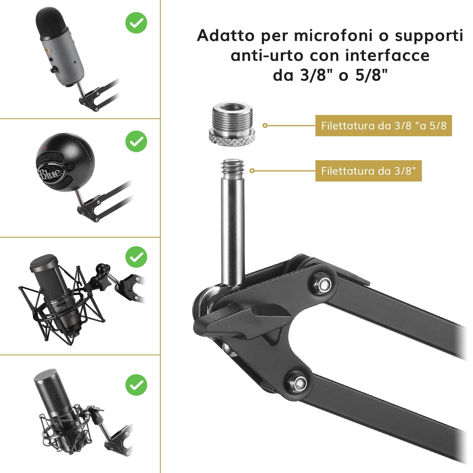TONOR Braccio per Microfono Regolabile con Filtro Anti-Pop, Adattatore da 3/8" a 5/8", Clip per Microfono, Morsetto Resistente, Ideale per Podcast, Streaming, Giochi, Telelavoro, 35 cm +35 cm, T20