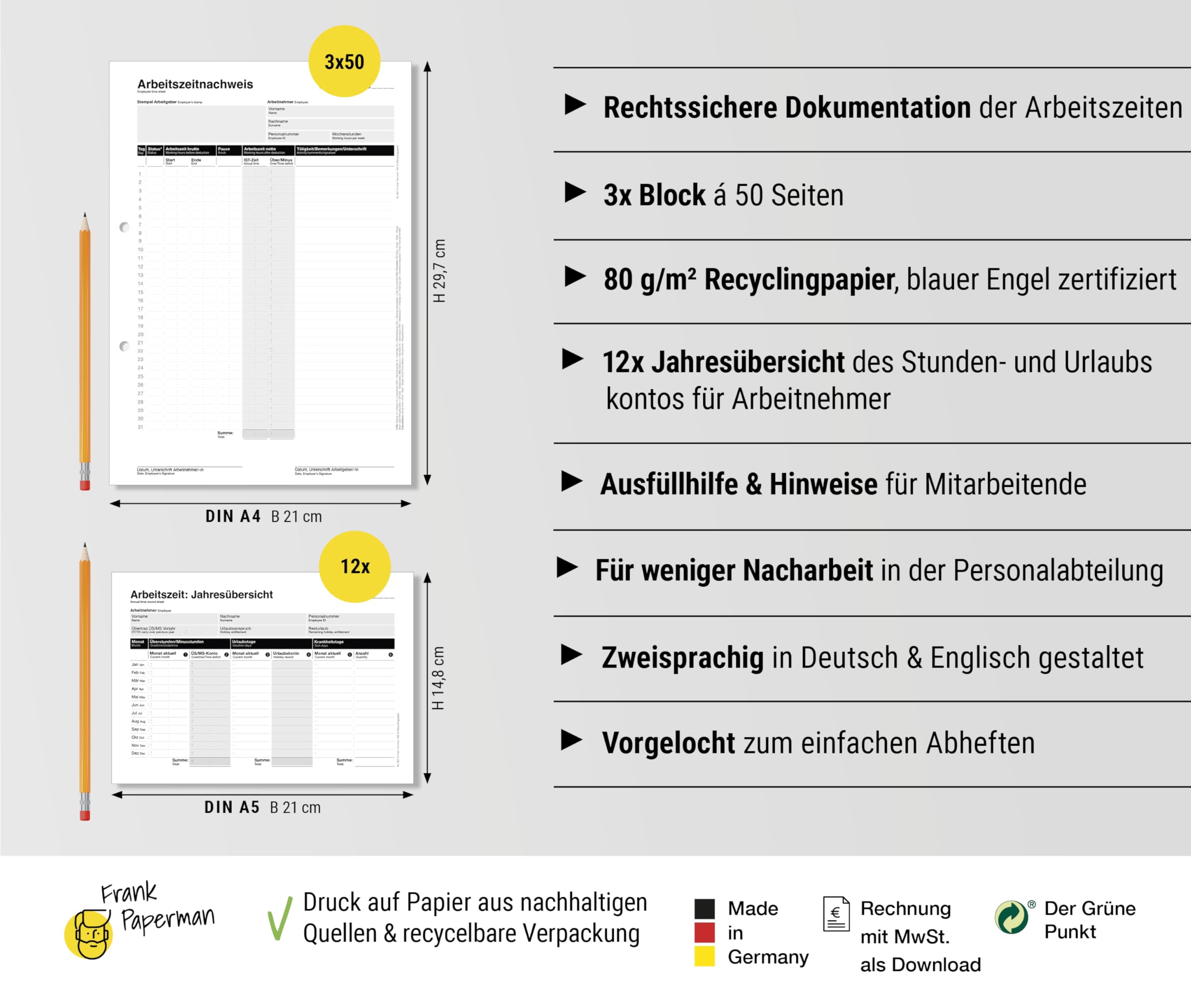 3x Set 50x Arbeitszeitnachweis Block + 4x Jahresübersichten, Arbeitszeiterfassung für Kleinbetriebe – Stundenbuch für Arbeit A4, Rechtssichere Dokumentation DE&EN vorgelocht