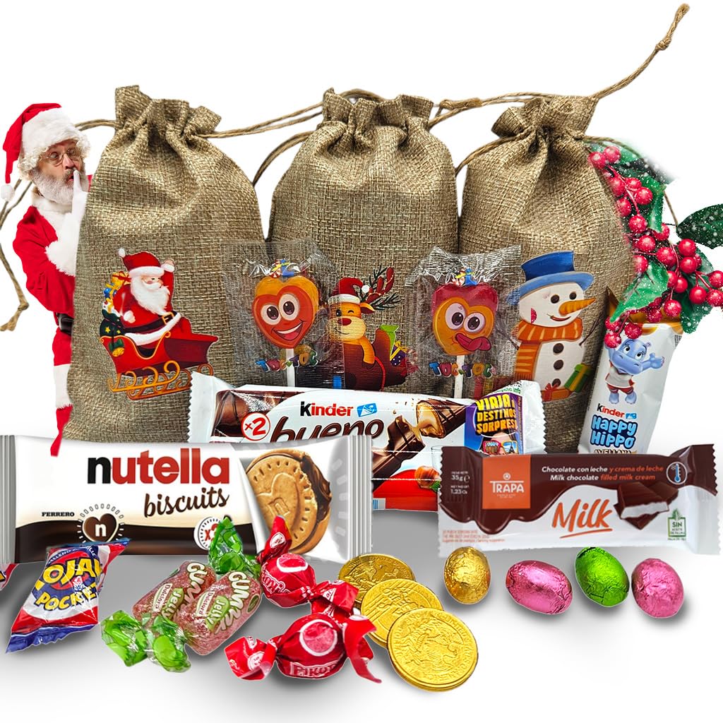 IAMI Pack 8 Bolsas de Lino de Navidad Rellenas de Chocolate y Chuches