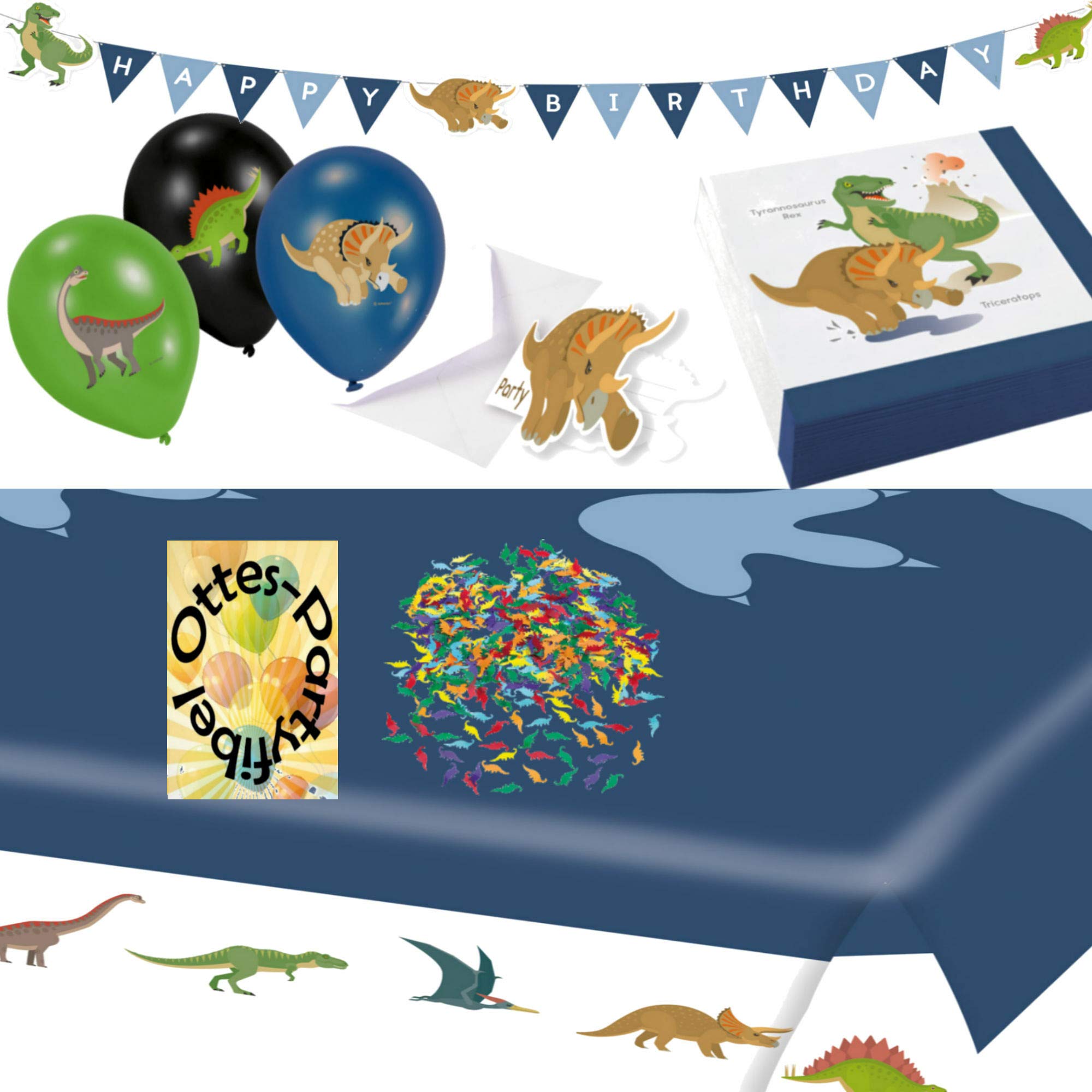 Dino-Saurier-Deko-Set Dinosaurier 45tlg. Servietten Tischdecke Luftballons Einladungen Partykette Konfetti für 16 Gäste