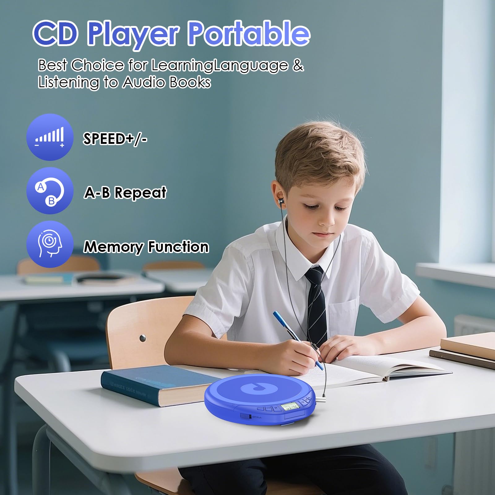 Gueray Lettore CD portatile Dsicman: con auricolari per auto con anti-skip antiurto con display LCD Supporto funzione di ripetizione memoria PROG (blu)