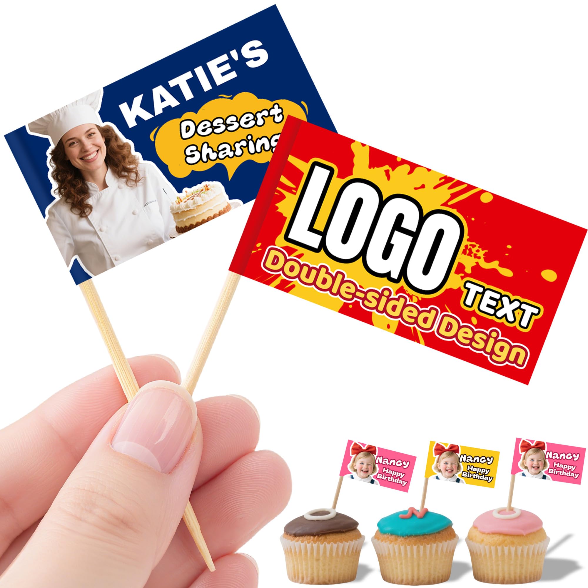 100Pcs Custom Toothpick Flags with Logo/Photo Food Labels for Party Buffet Personalized Cupcake Toppers Flag Toothpicks for Appetizers, Cupcake, Food, Fruit, Party Decoration (Rectangular shape)