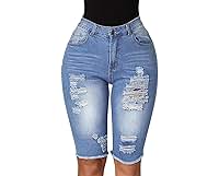 roswear Women's Ripped Denim Destroyed Mid Rise Stretchy Bermuda Shorts Jeans