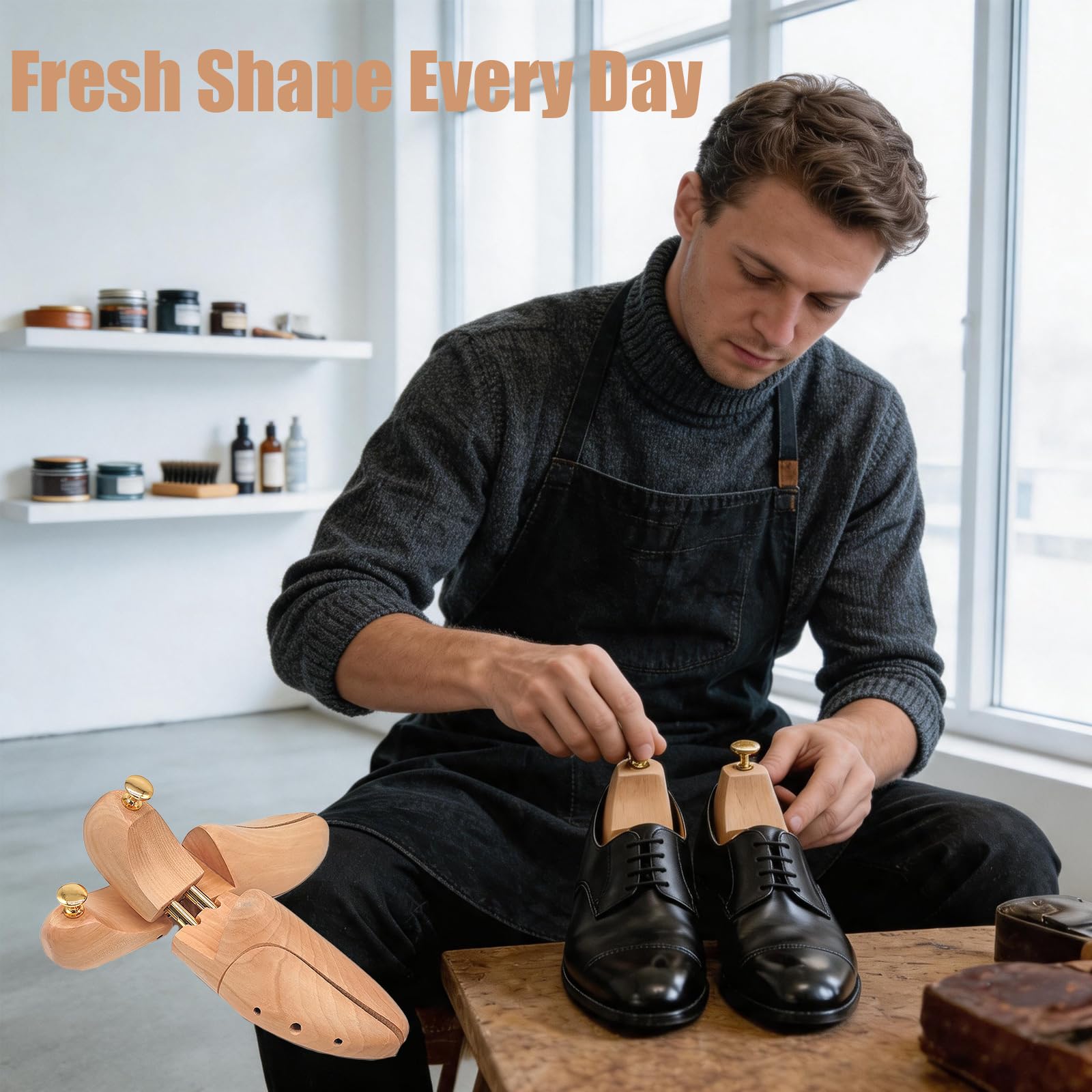 Hormas para Zapatos de Madera Hombre Mujer, Horma Zapatos Ajustable Ensanchador y Moldeador de Calzado, Shoe Tree de Cedro con Calzador, Mantiene Forma del Zapato, 1 Par, 41-42