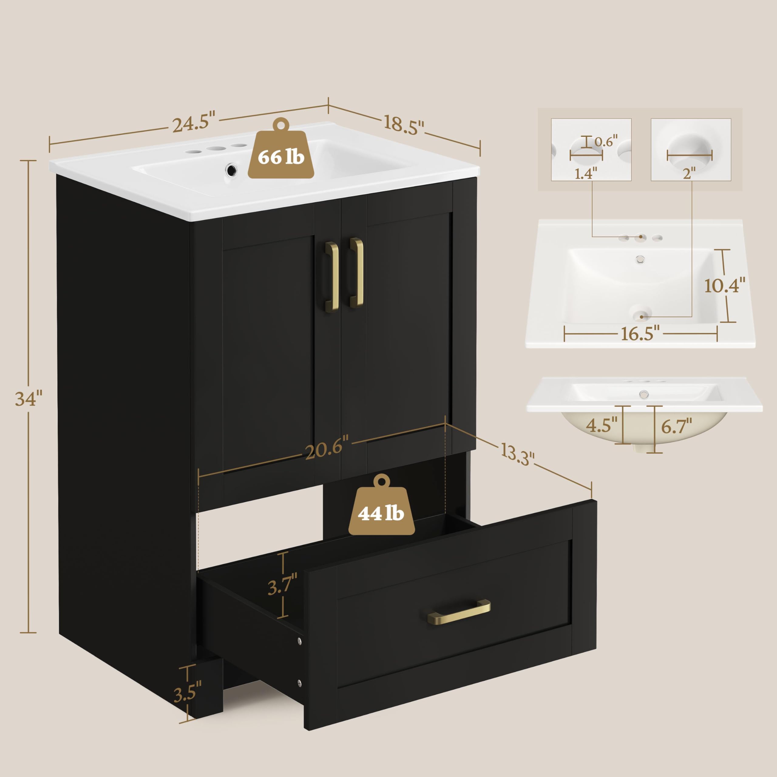 Yaheetech 24in Bathroom Vanity with Sink and Drawer, Black Shaker