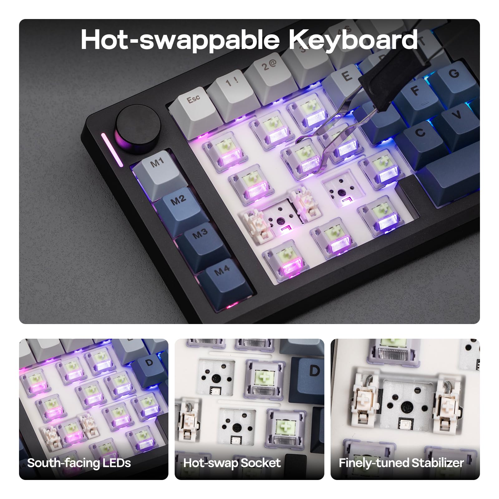 EPOMAKER Split70 Teclado Ergonómico Inalámbrico con QMK/Via y Perilla, Teclado Mecánico Gaming con RGB, Hot-Swap, Switch Lineal Lubricado, Teclas PBT, Gasket, QWERTY US 70%, para Mac/Win (Negro)