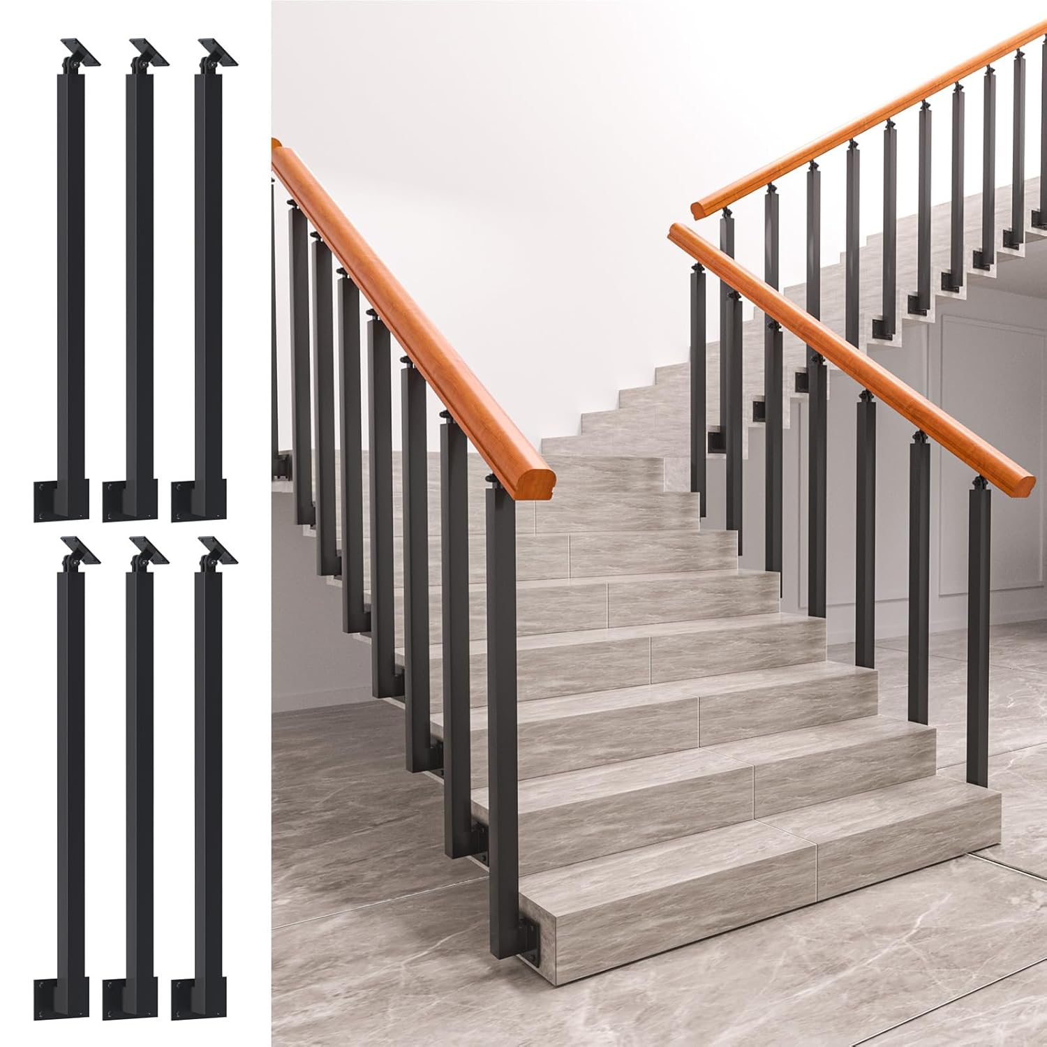 Side Mount Stair Railing Indoor, Black Metal Baluster Posts, with 270° Adjustable Railing Spindles, for Steps, Balconies, Staircases, Decks, Patio Stairs and Outdoor Decor. (Height: 35.43 in)