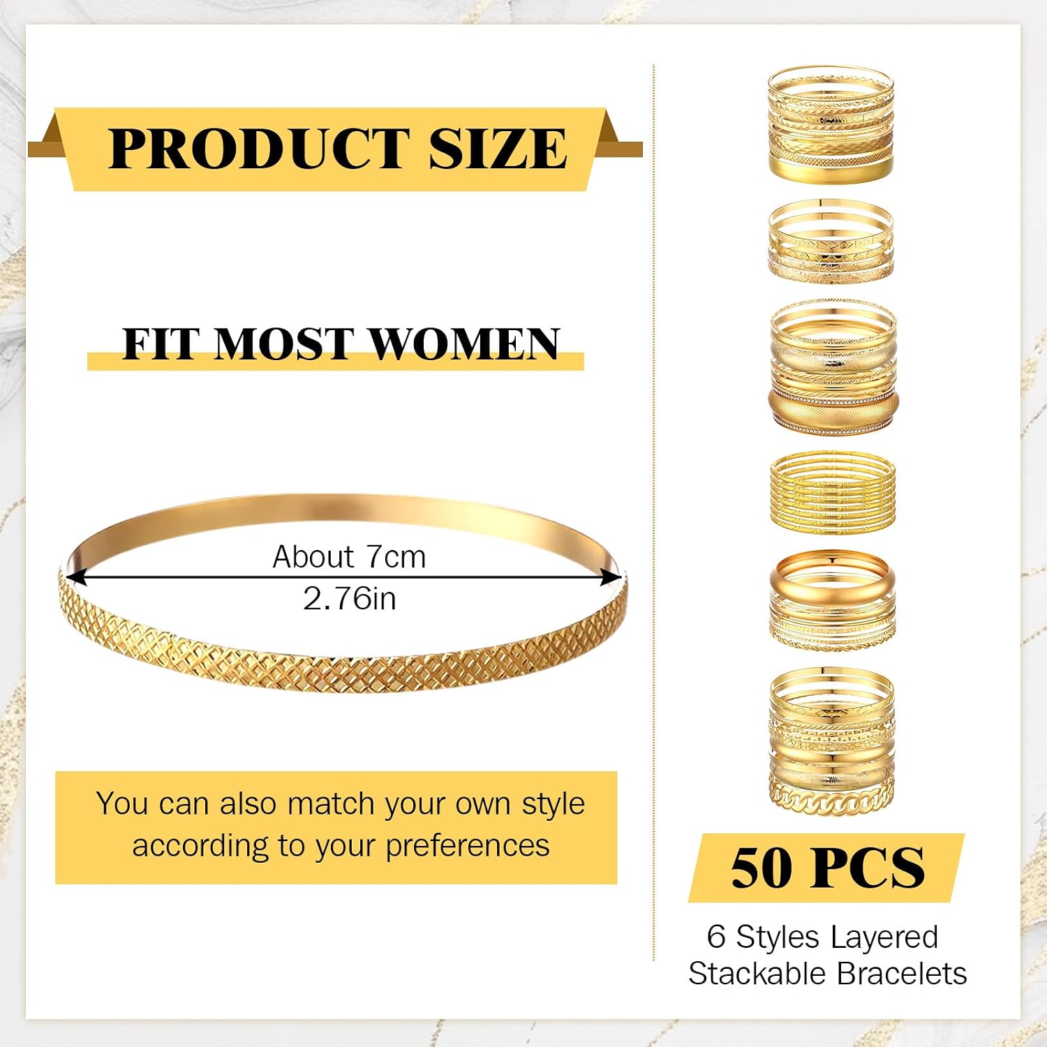 Liliaafar 50 Pcs Gold Bangle Bracelets for Women 6 Sets Gold Plated Multi Stackable Bracelet Jewelry Boho Gift for Women
