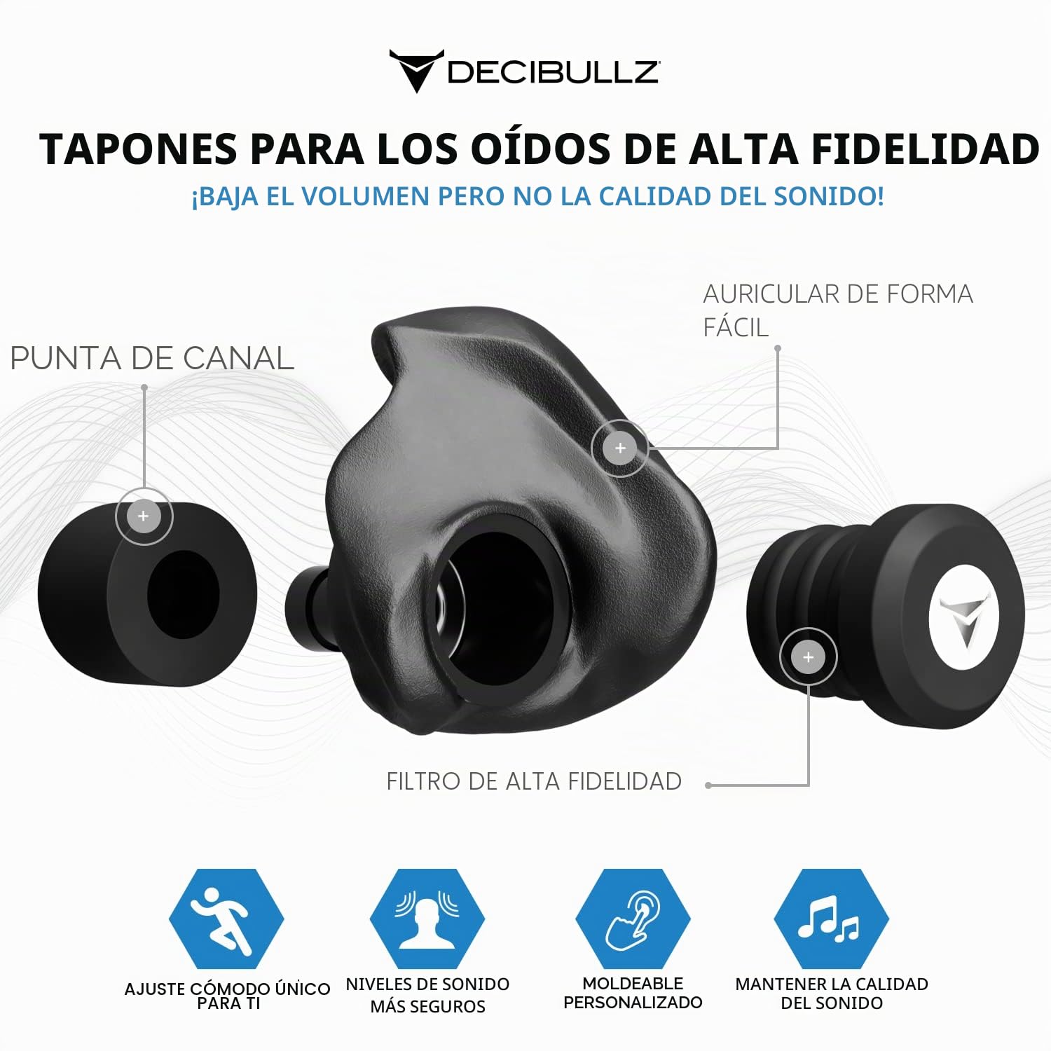 Decibullz Filtros de tapón para los oídos moldeados personalizados de alta fidelidad (Hi-Fi) para conciertos y eventos (negro)