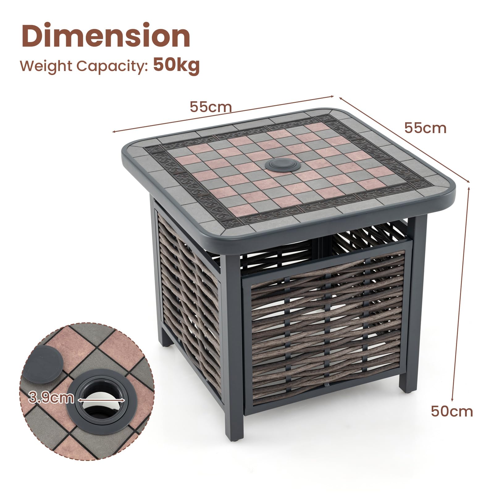 KOMFOTTEU Mesa Auxiliar con Agujero para Sombrilla, Mesa Baja de Ratán PE, Mesita de Café Cuadrada con Estructura de Metal, Mesa para Jardín, Patio, Terraza, 55 x 55 x 50 cm