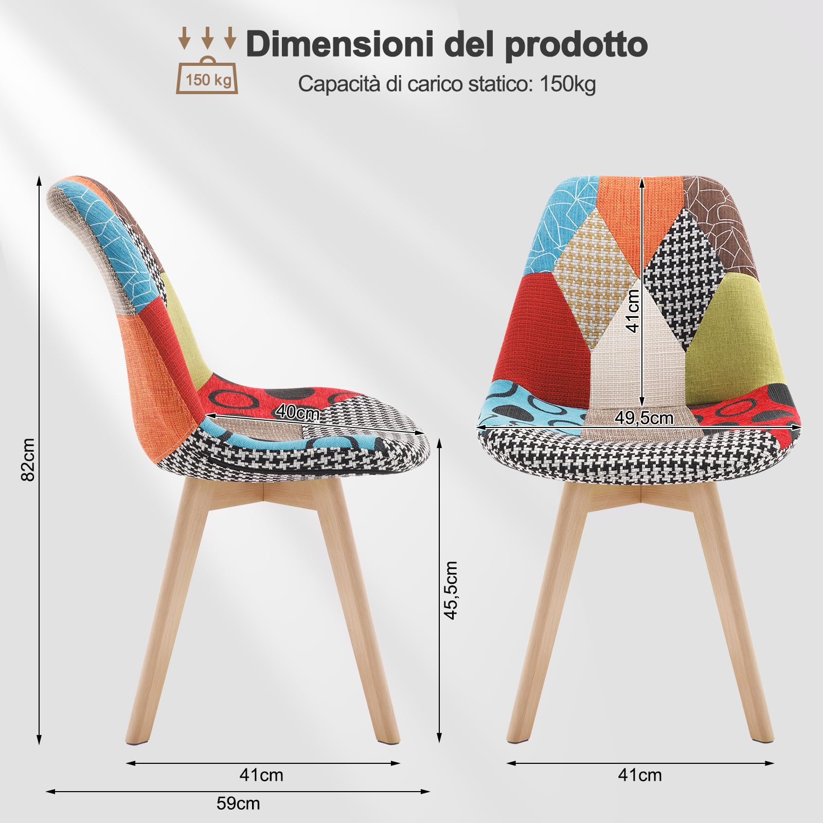 WOLTU Set di 2 sedie da pranzo Sedia da Scrivania con Schienale Rivestito in Tessuto di Lino Patchwork Gambe Legno Moderno