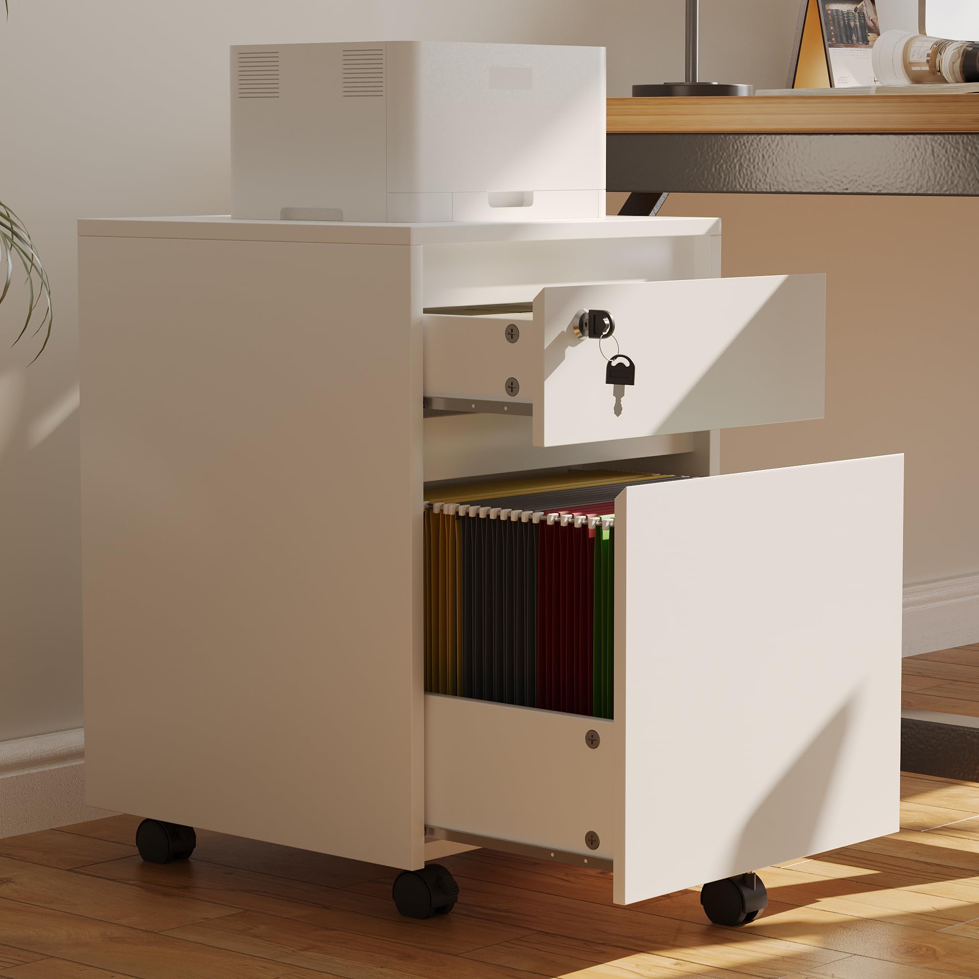 YOUDENOVA Schedario da Ufficio con 2 Cassetti e Serratura, Cassettiera Sotto Scrivania con 5 Ruote, Armadietto per Documenti A4 e Cartelle Sospese, 40x40x57 CM, Bianco