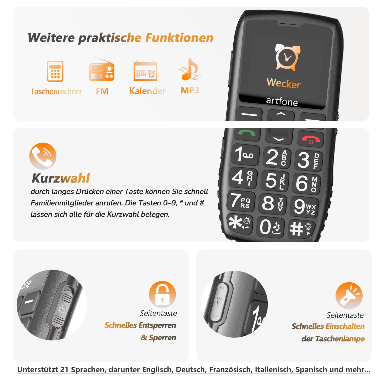 artfone 4G Seniorenhandy ohne Vertrag | Rentner-Handy Große Tasten | Lange Standby-Zeit | Tastenhandy mit Notruftaste | Ladestation |Nano SIM | USB-C |Volte