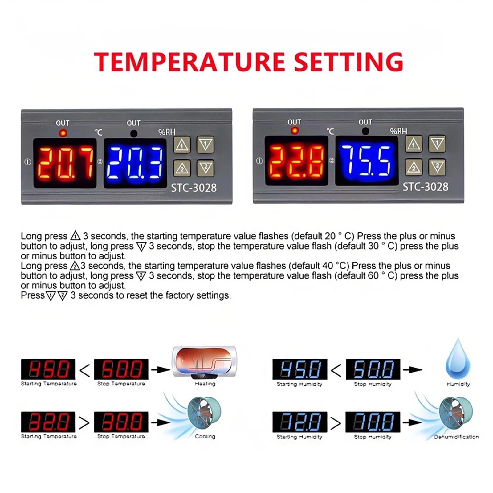 Doppio termostato Digitale Controllo umidità Temperatura STC-3028 Termometro Igrometro Regolatore incubatrice AC 220V DC 12V 24V (Color : Only Test Probe)