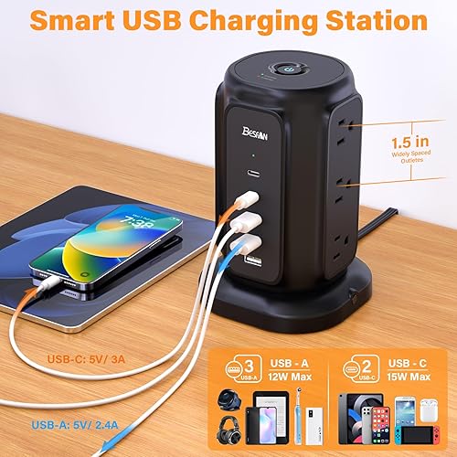 Miniatura 4 de BESFAN - Regleta de alimentación de enchufe plano con 9 tomas, 5 puertos USB (2 USB C), cable de extensión BESFAN de 1625 W de 6.5 pies con