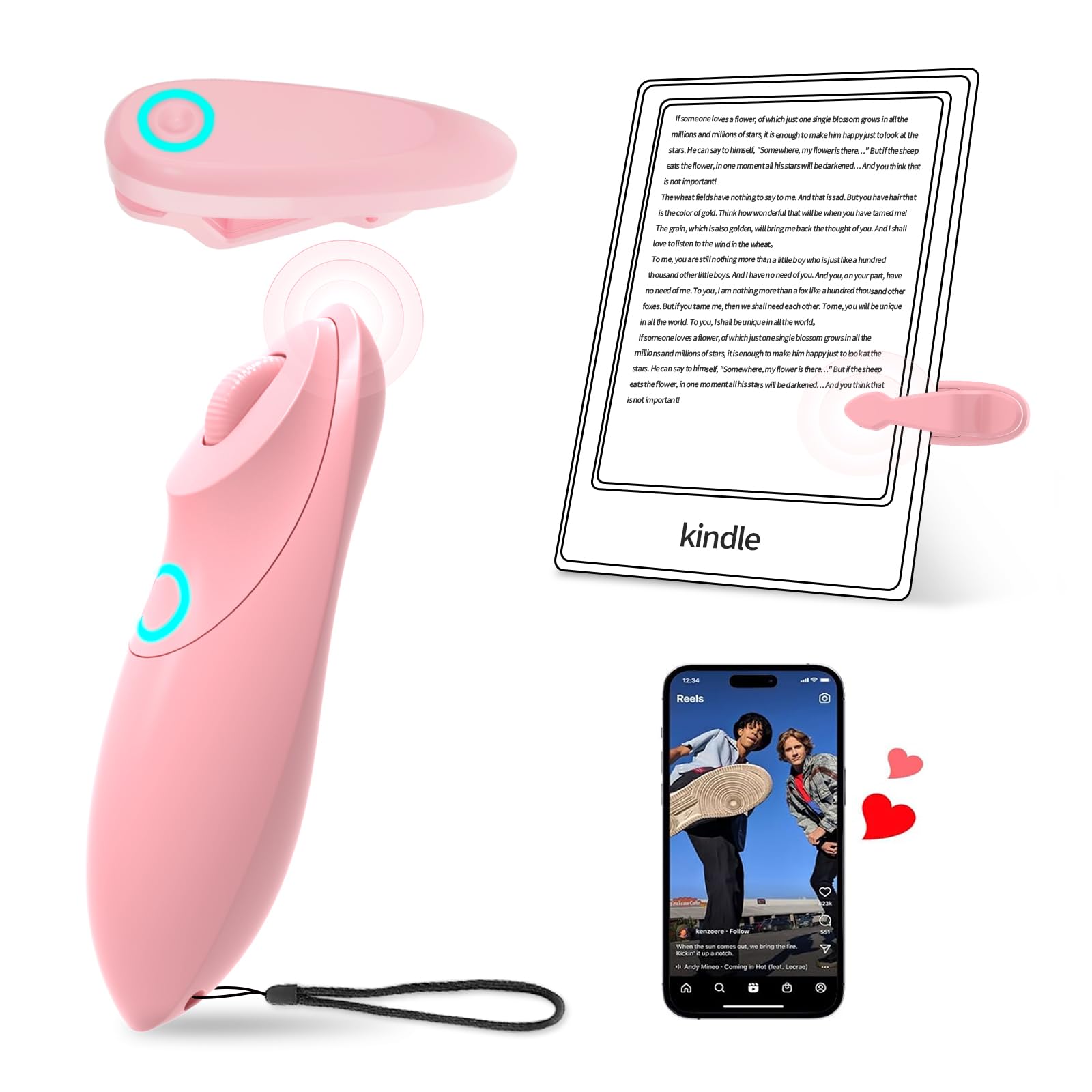 Telecomando per Kindle Page Turner – Telecomando a scorrimento per TikTok, doppia funzione per e-book e brevi video, compatibile con iPhone, iPad, Android, Kindle, ecc (rosa)