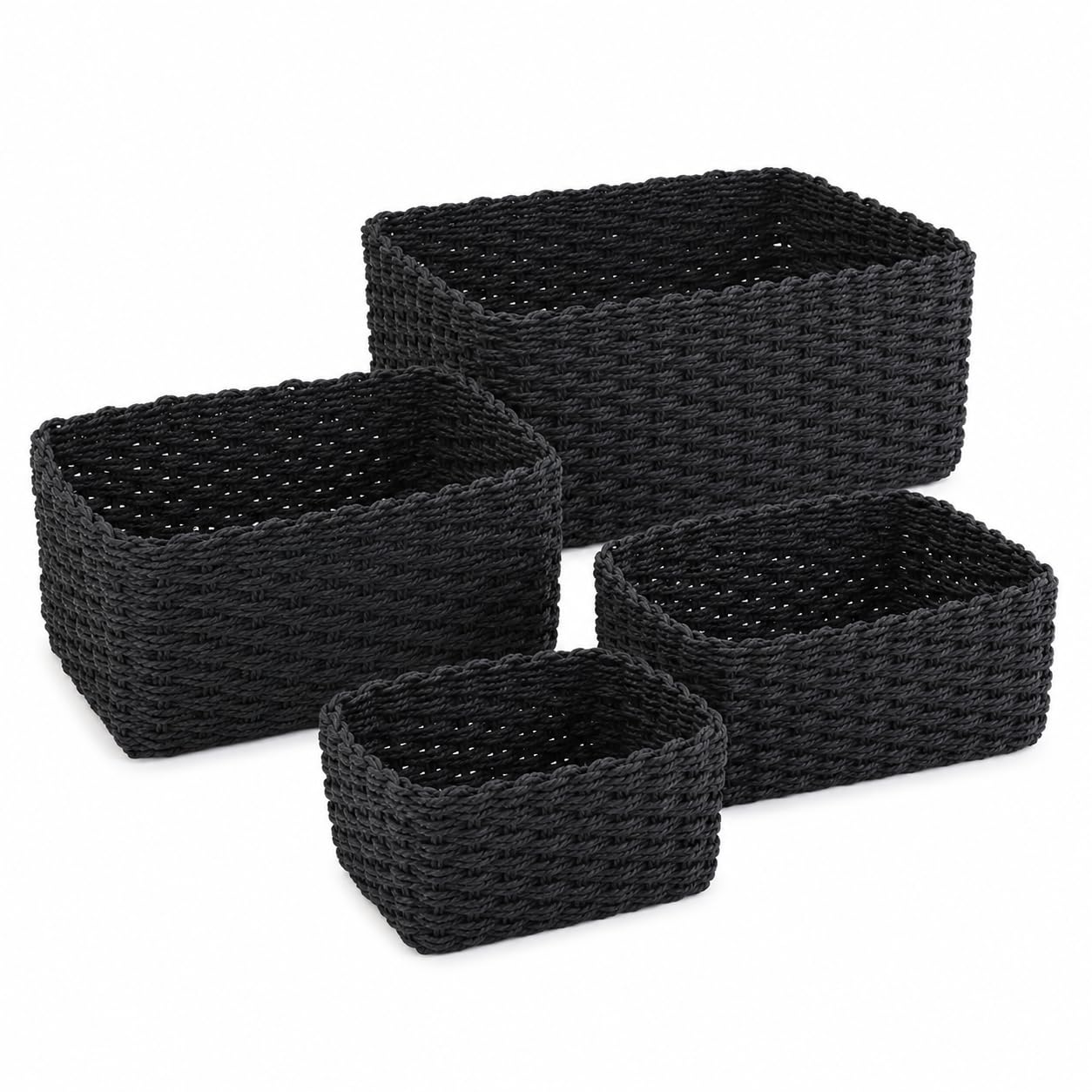 Purecas Woven Storage Baskets 4-Piece Set Stackable (4PC-Black)
