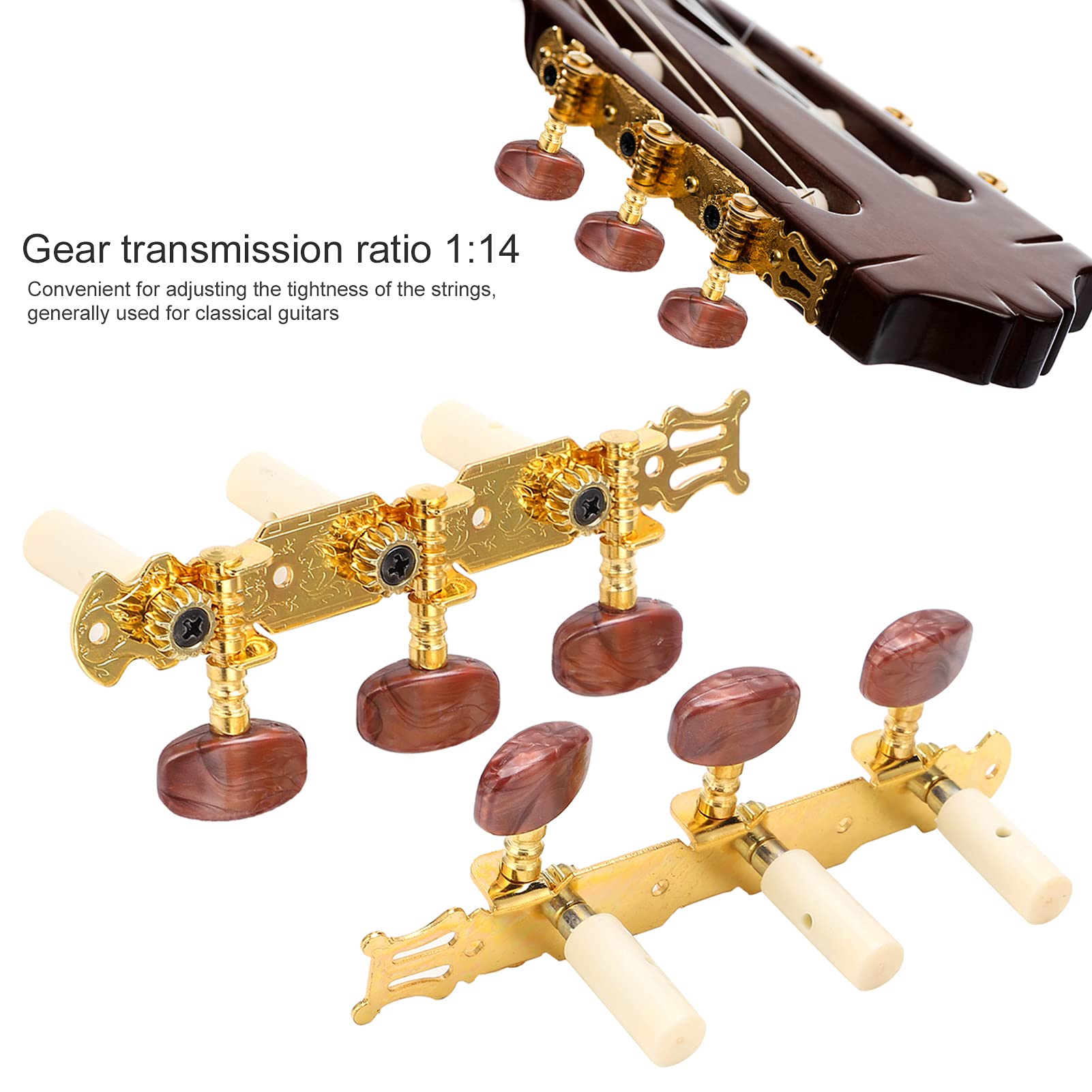 SIXRUN Pioli per Chitarra Classica, Teste di Macchine per Rapporto 14 | Ingranaggio in Acciaio e Rame A3, Base in Metallo Dorato, Perno Rivestito in Plastica, Accordatura Precisa e , Leggero e