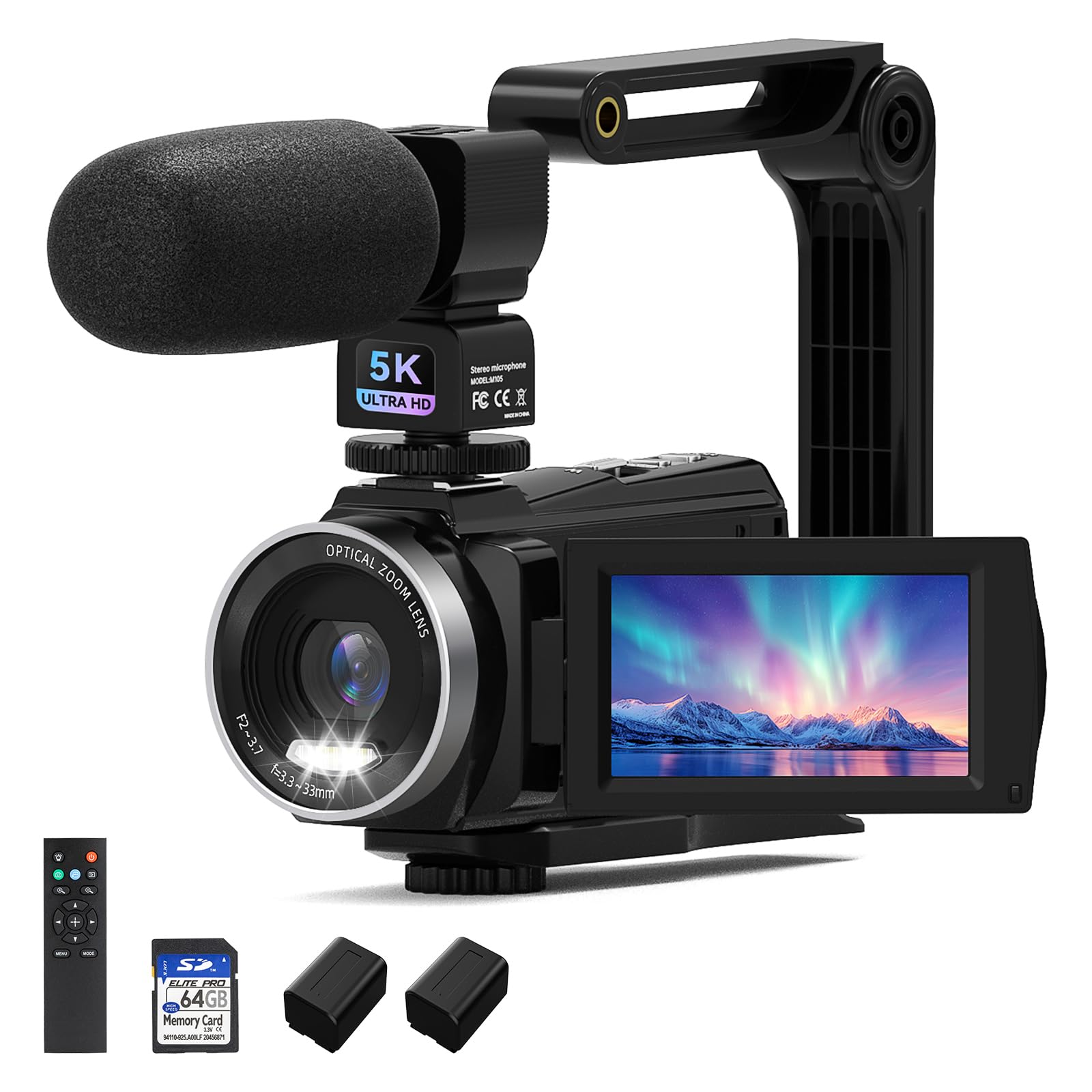 5k video camera camcorder 48mp uhd wifi vlogging camera for youtube,10x optical zoom 3.0'' ips touch screen anti-shake digital camera with led fill light,64gb card,mic,stabilizer,remote,2 batteries