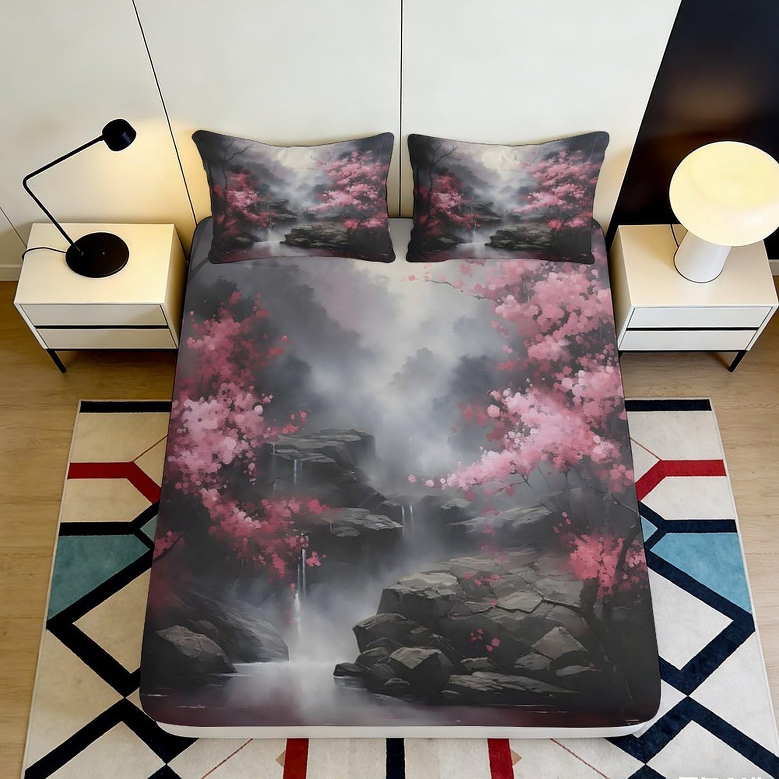 Pnayamiorkfel Style-7 3D Printed Sakura Waterfall Fitted Sheet Microfiber Anti-Slip Japanese Landscape Mattress Cover Bedroom Decor 90X200x25cm
