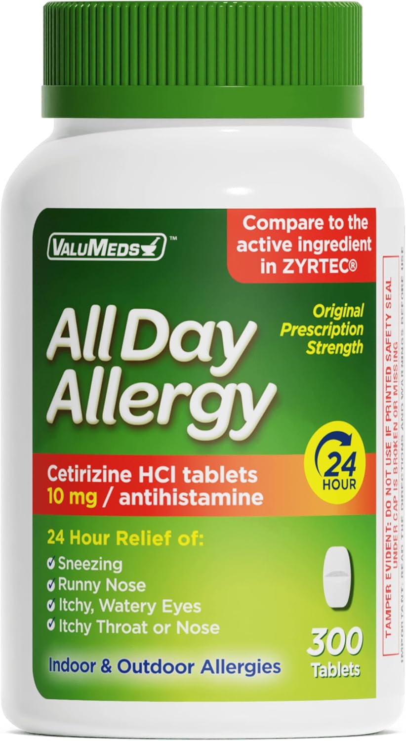 ValuMeds 24-Hour Allergy Medicine Antihistamine for Pollen, Hay Fever, Dry, Itchy Eyes, Allergies | Cetirizine HCl 10mg Caplets, Compare to Leading Brand (300 Count)