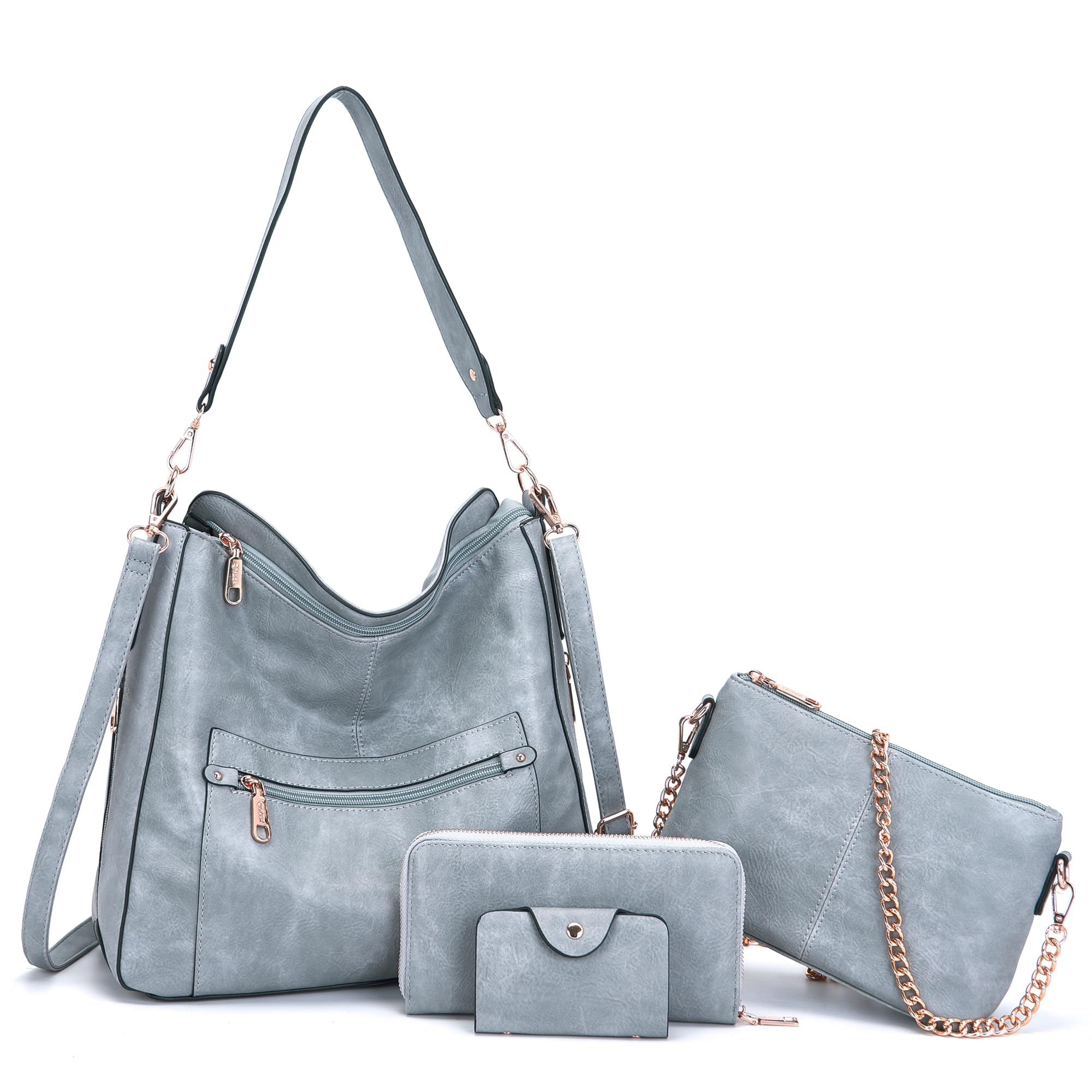 Large Crossbody Purses Set For Women Shoulder Bag Tote Handbags Ladies Hobo Bags With Wallet 4PCS GreyBlue