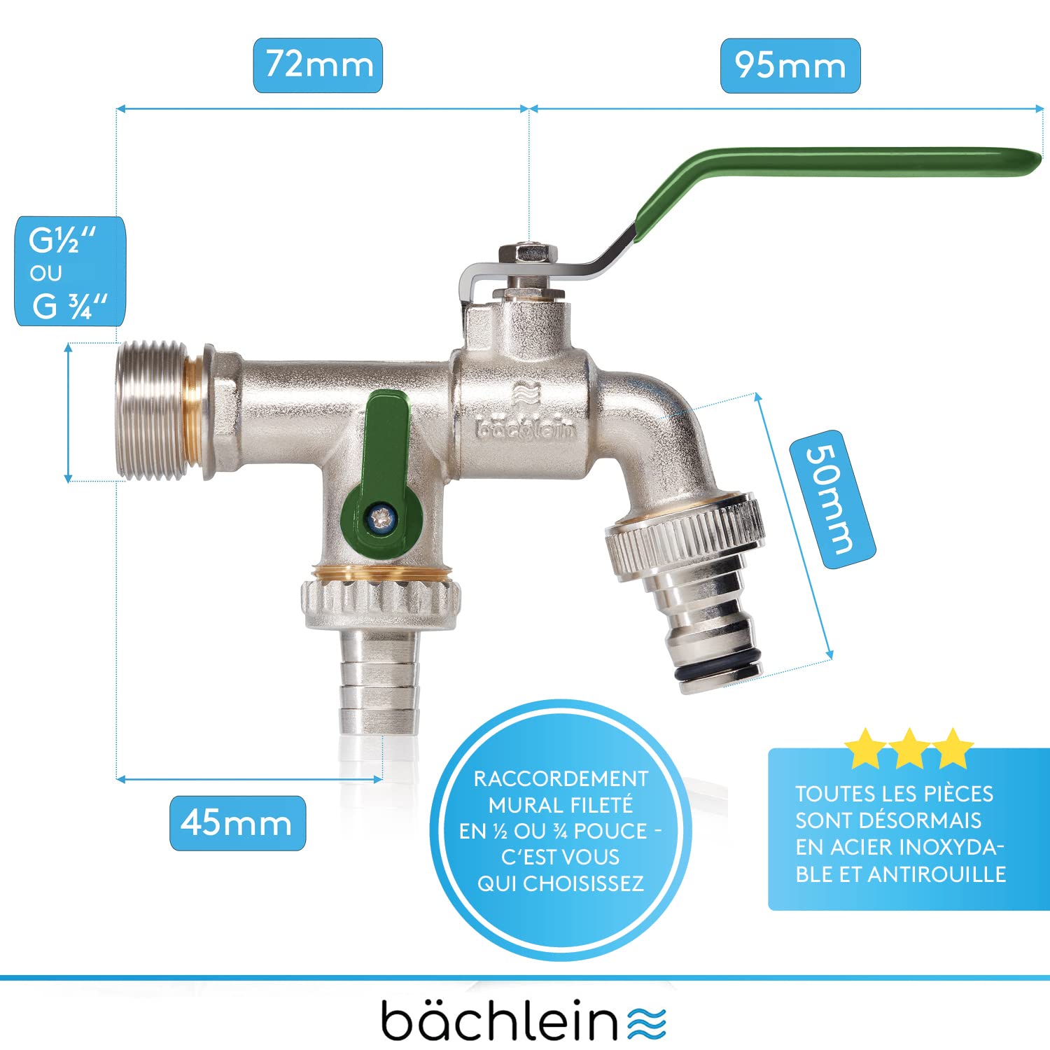 Bächlein Robinet Universel Double Jardin 2 Raccordements Tuyau Boisseau Sphérique 1/2 3/4 Pouces Sortie Extérieur