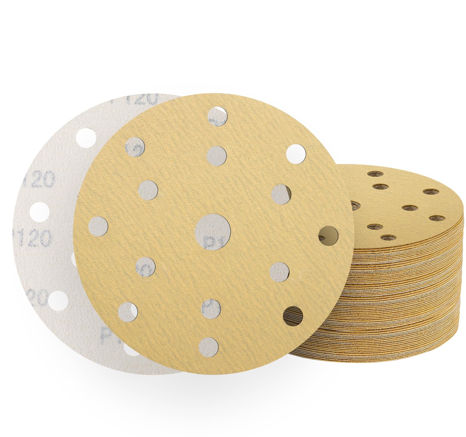 50PCS 150mm Sanding Discs 15 Hole Hook and Loop 120 Grit Golden Sandpaper for Random Orbital Sander