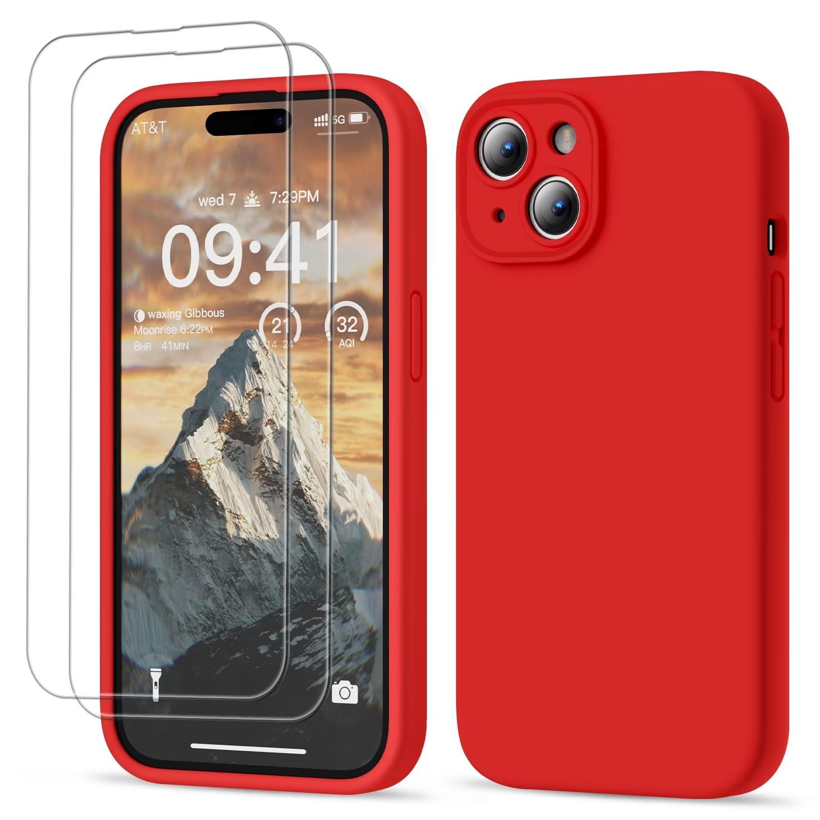 GOODVISH 3 in 1 Silicone Cover per iPhone 15 6.1" (2023), Custodia con 2 Pellicola Protettiva, Case per Cellulare Ultra Sottile Antiurto Resistente [Protezione Fotocamera], Rosso
