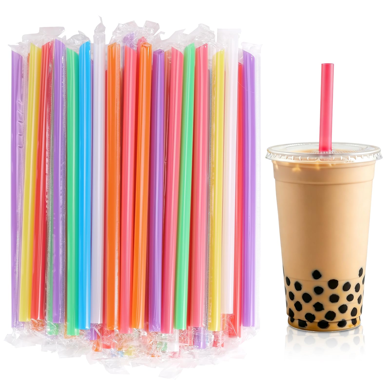 Photo 1 of [Individually Wrapped] 100 Pcs 10.2" Extra Long Boba Smoothie Plastic Straws for 32 Oz Cups Tumblers - 0.45" Diameter Wide-Mouthed Large Jumbo Colorful Disposable Bubble Tea Milkshake Drinking Straws