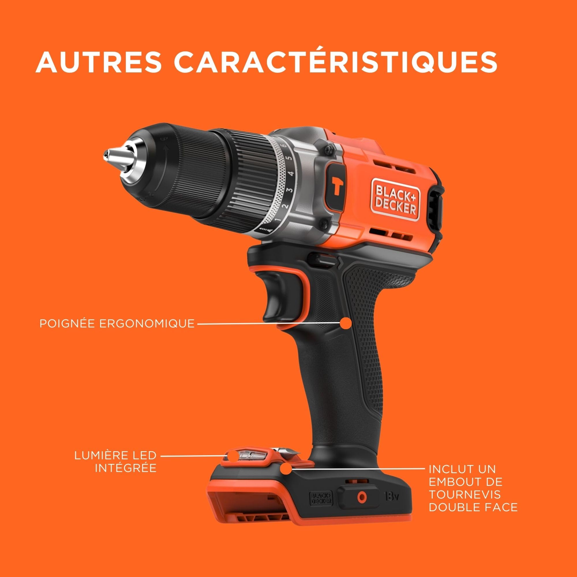 BLACK+DECKER Marteau perforateur sans fil 18V POWERCONNECT, couple 45Nm, 2 vitesses, éclairage LED, mandrin sans clé, sans batterie ni chargeur, BCD383XN-XJ