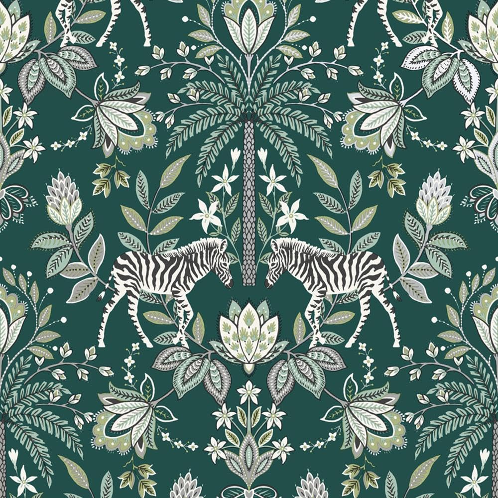 Yöl Green Etosha Wallpaper - Animal Print Zebra's Floral Leaves Tropical - Metallic Effect Stylish Paste The Wall