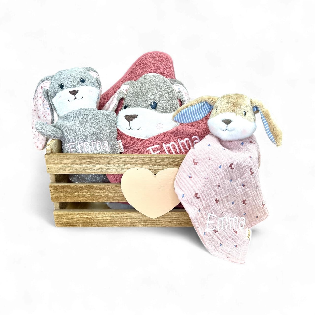 Generisch Geschenkset Hase Hanni, Kapuzenhandtuch 100x100cm, Spiel-Waschhandschuh und Schmusetuch - mit Name aufgestickt, rosa/Sand