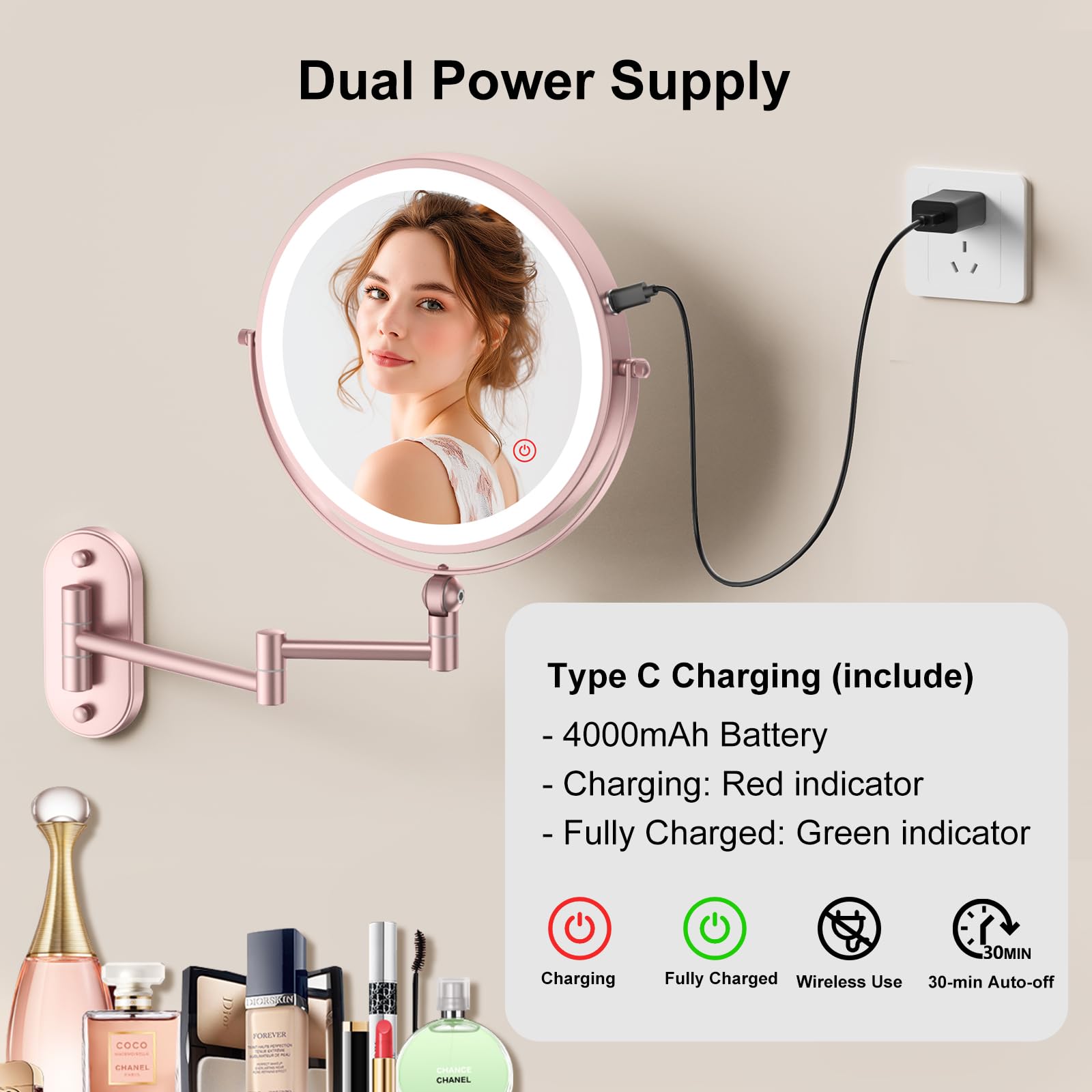 Espejo de maquillaje iluminado montado en la pared de 9 pulgadas, recargable de 4000 mAh, espejo de aumento de doble cara 1X/30X con luz, regulable al tacto, brazo extendido, rotación de 360 grados