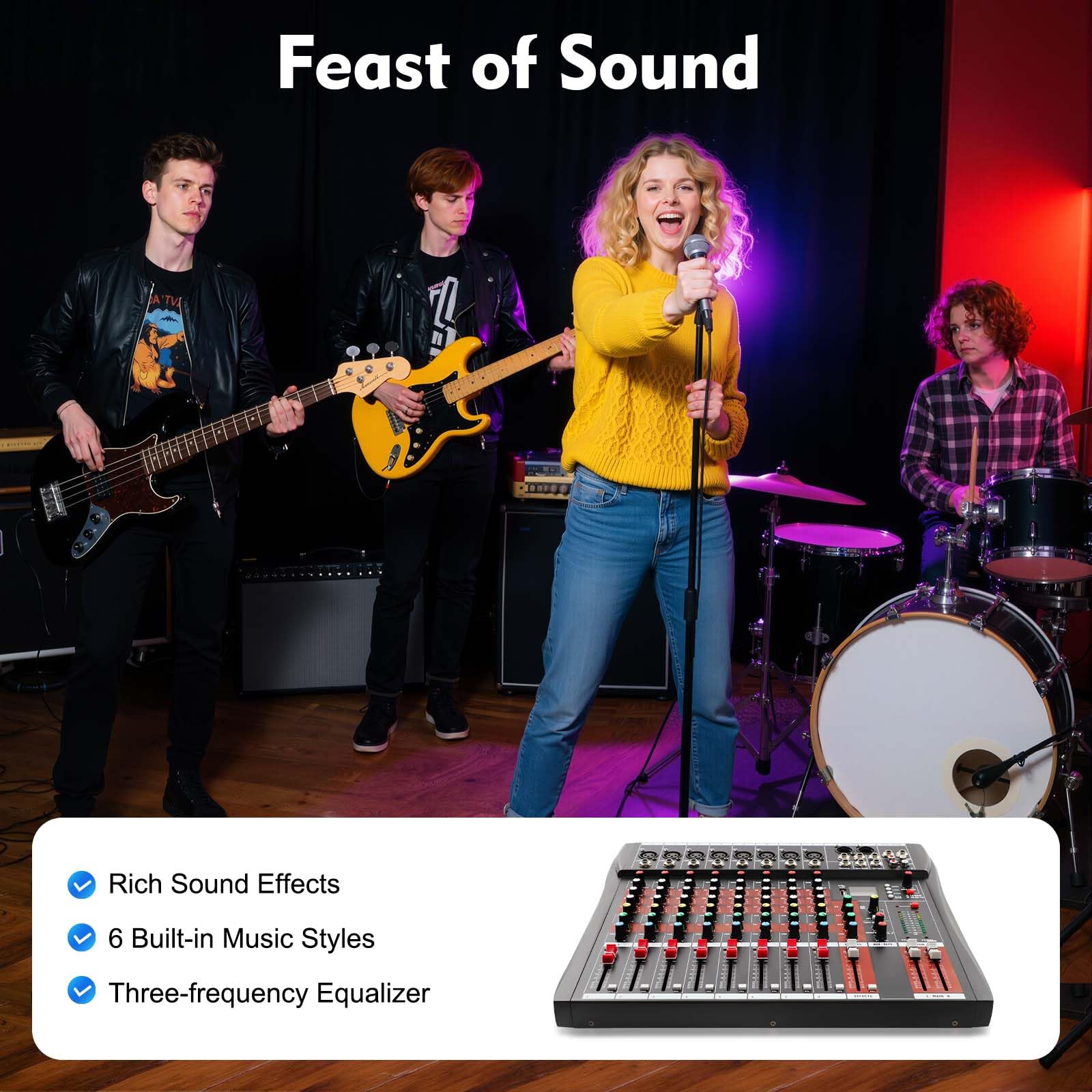 Mixer Audio Mixer 8 Canali Professionale con Bluetooth USB, Mixer 8 Ingressi Microfono Alimentazione Phantom 48V, Equalizzatore 3 Bande Fader Preciso per Karaoke Studio Scena