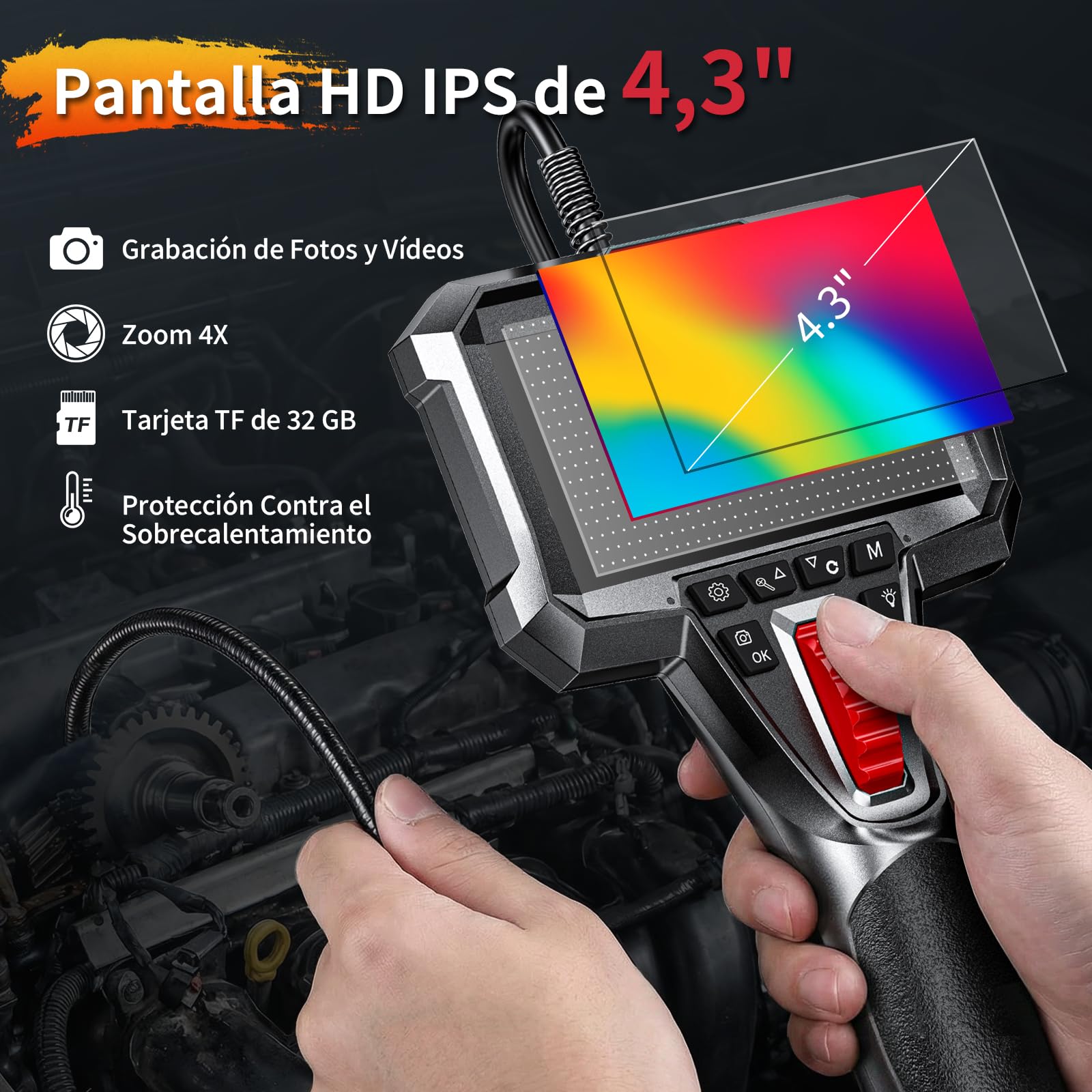 Lente Doble Endoscopio Industrial con Pantalla 4,3" y Cámara 1920P, Cámara Endoscópica con Luz LED, Sonda Ø6,5 mm Articulada 210°, IP67, Tarjeta SD 32 GB Incluida – Coches y Mantenimiento Técnico