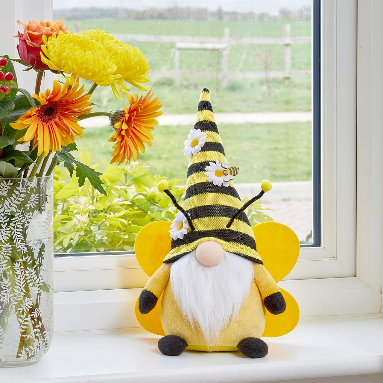 Mysmartbuy.com Black & Yellow Buzz Gonk – Freestanding Bumble Bee Faceless Gonk Gnome Dwarf Elf Figurine Soft Plush Stuffed Tomte Scandinavian Novelty Home Ornament Decoration – H37 X W23 X D11cm