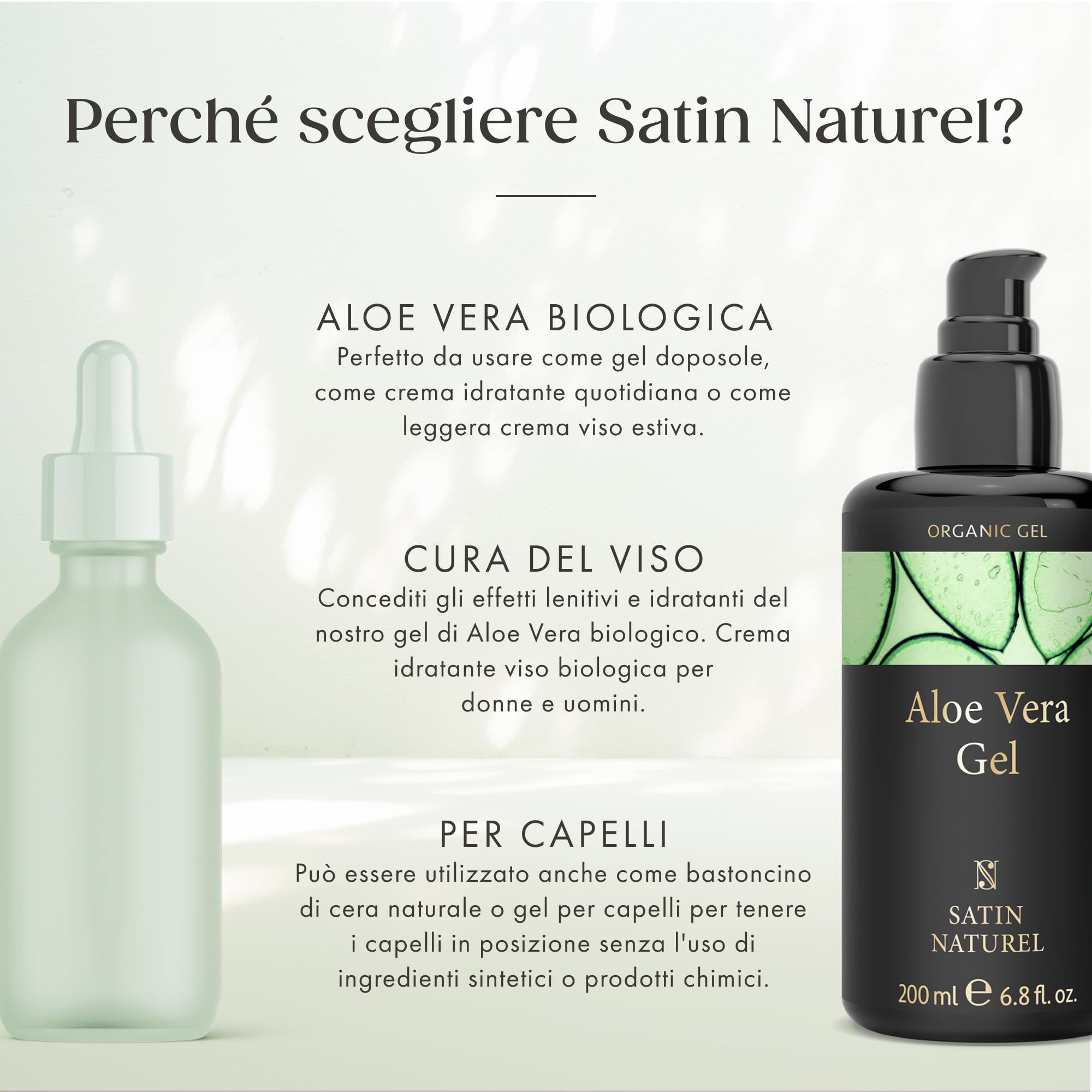 Satin Naturel Gel Aloe Vera Bio 200 ml – 100% Vegano & Cosmetica Naturale – Gel di Aloe Vera Concentrato – Con Acido Ialuronico & Pantenolo – After Sun per Viso, Corpo e Capelli